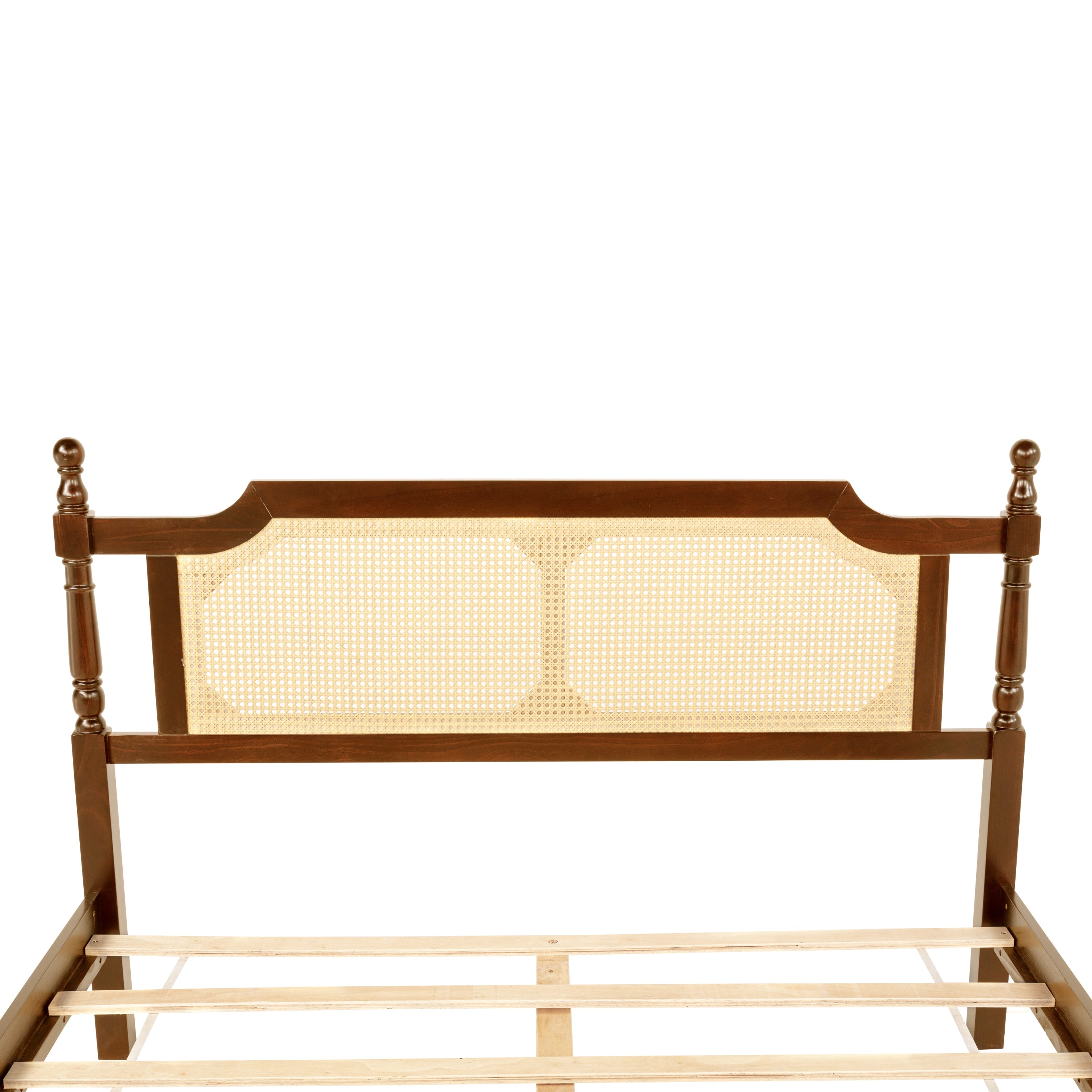 Queen Pine wooden Bed with Rattan Headboard  and Footboard, with  Central Enhanced Bed Platform,Walnut