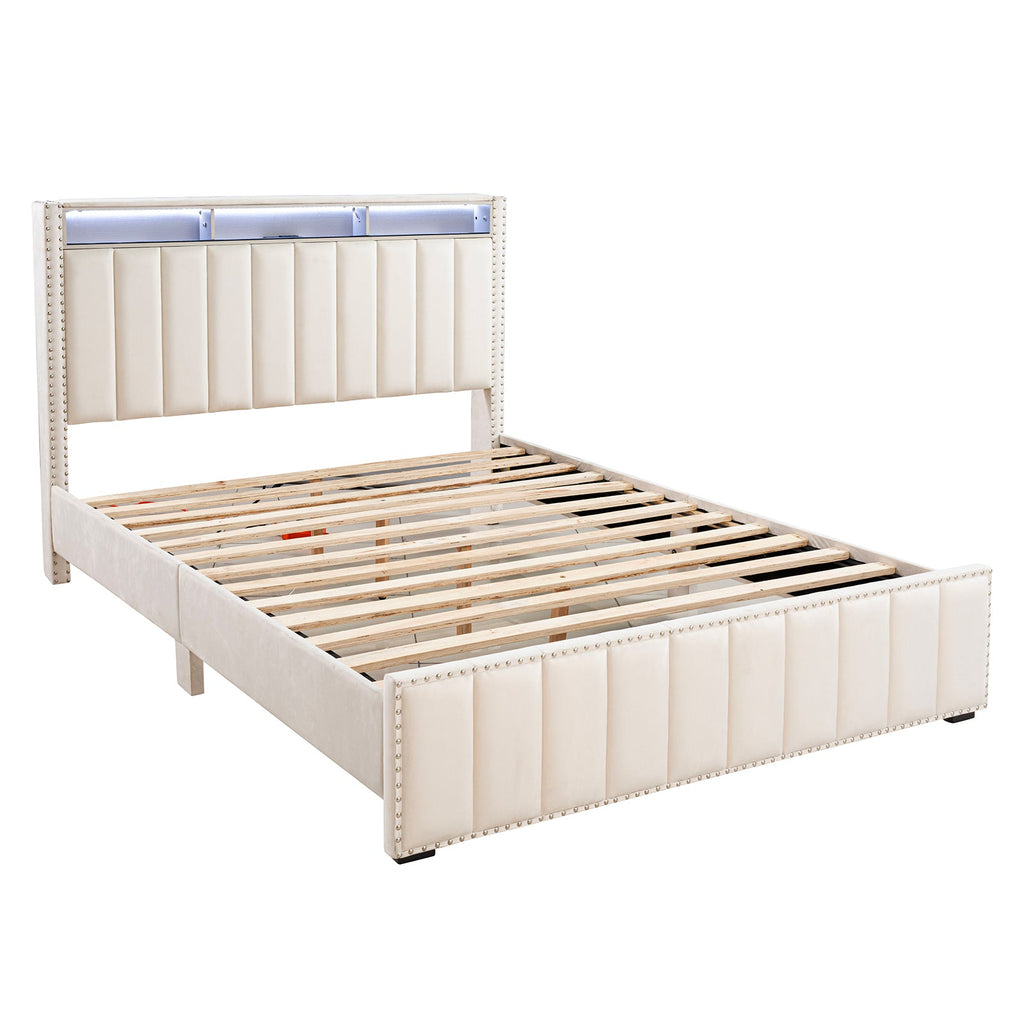 Full Size Bed 2x Nightstands Bedroom Furniture Contemporary Beige Fabric Upholstered Bedframe w LED Nailhead Trim 3pc Bedroom Set