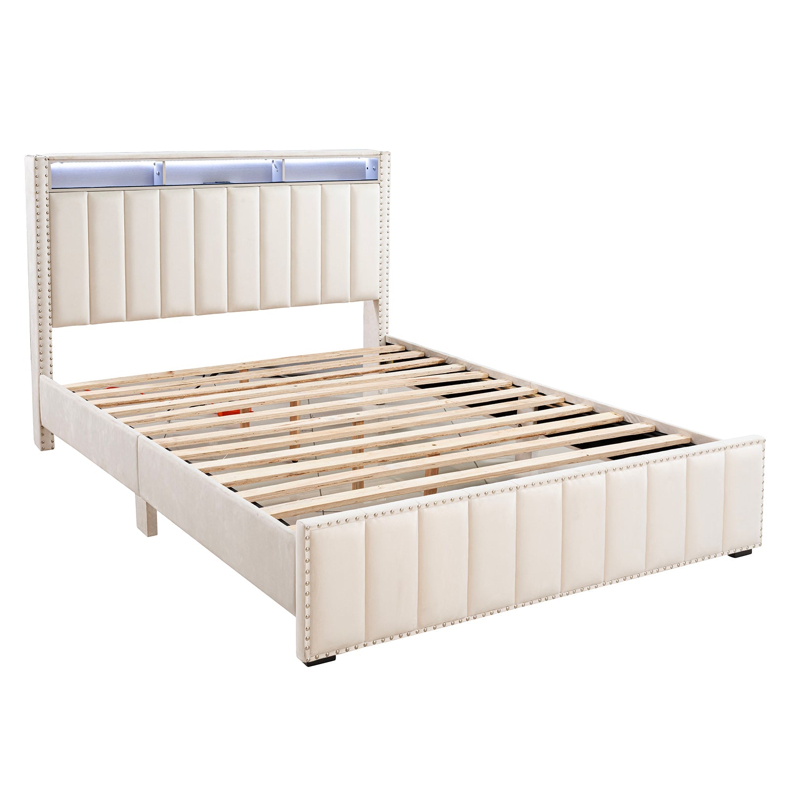 Queen Size Bed 2x Nightstands Bedroom Furniture Contemporary Beige Fabric Upholstered Bedframe w LED Nailhead Trim 3pc Bedroom Set