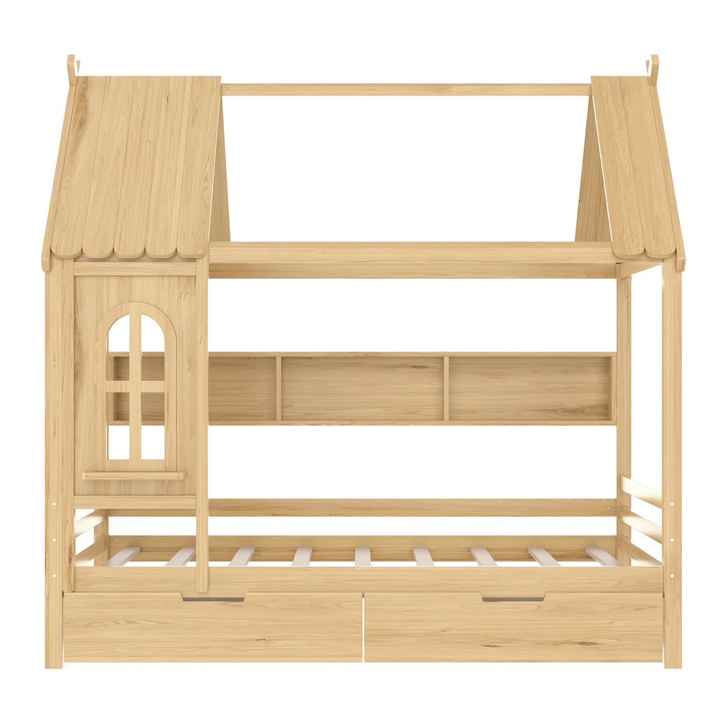Full house Beds with Storage Drawers and Window, Solid Wood House Platform Bed Frame with shelves, for Kids, Girls, Boys, No Spring Box Needed and Childlike Design, Natural