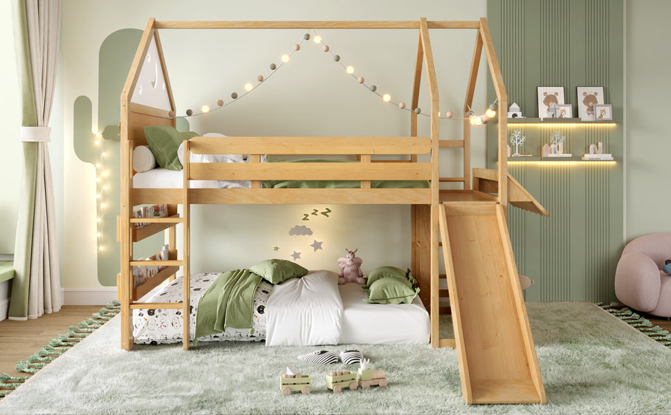 Full Size Loft Bed with Bookshelf Playful Design for Kids House-Shaped Structure with Slide High-Quality Safety Rails,Natural