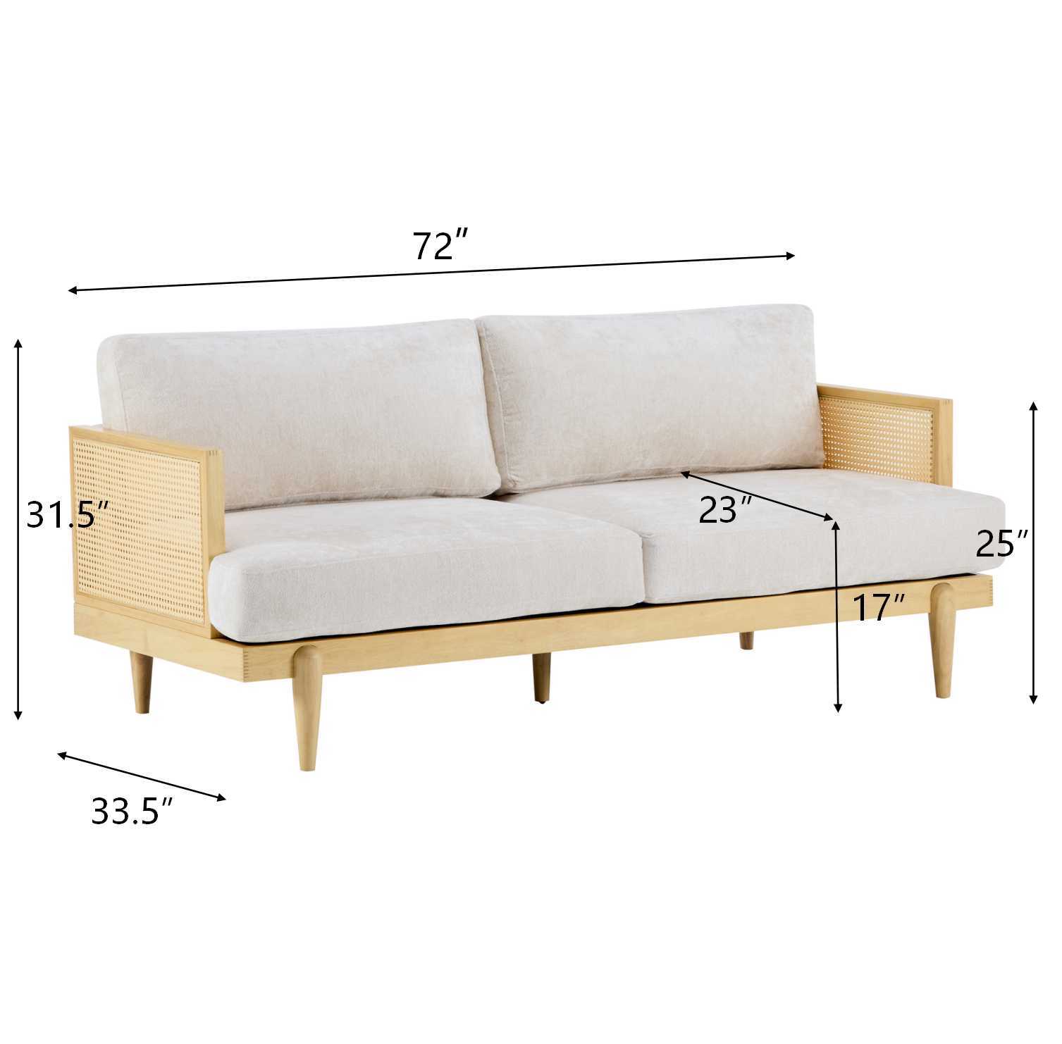 EMIR 72' Square Arm 3-Seater Sofa with Cane Rattan and Wooden Frame,Natural,,Living Rooms,Bedrooms,Apartment Office