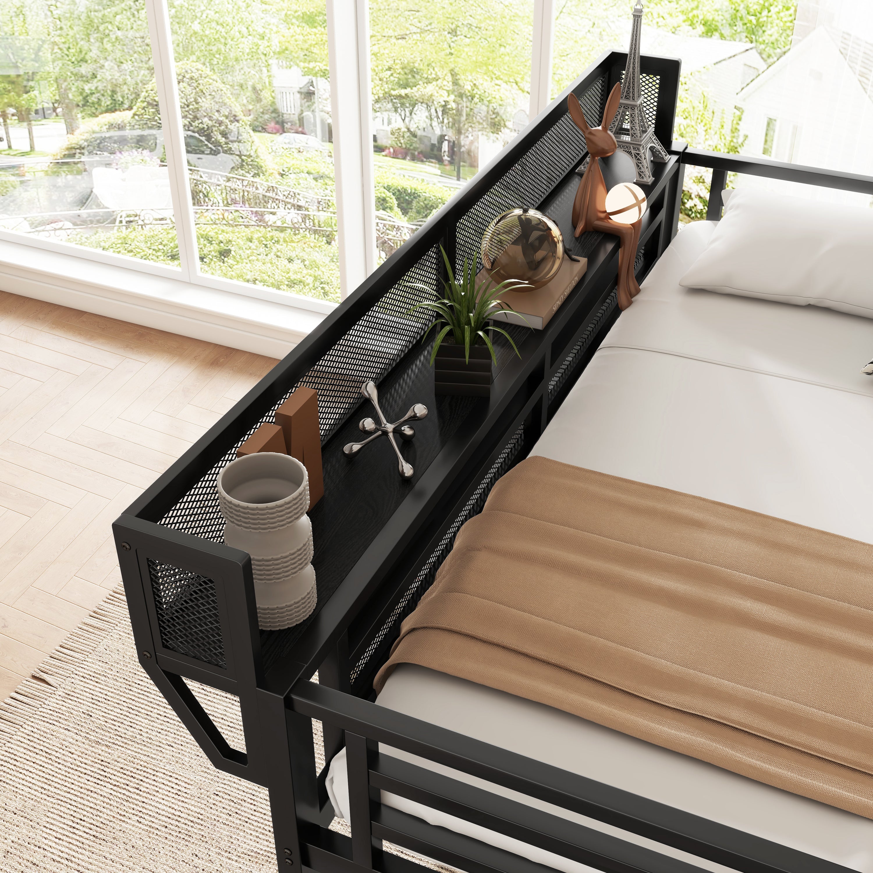 Twin Size Loft Bed with Stairs, Metal Full Loft Bed with Storage Shelves, High Loft Bed with Wardrobe for Kids Teens, Black(Expect Arrival Date 2025/9/22)