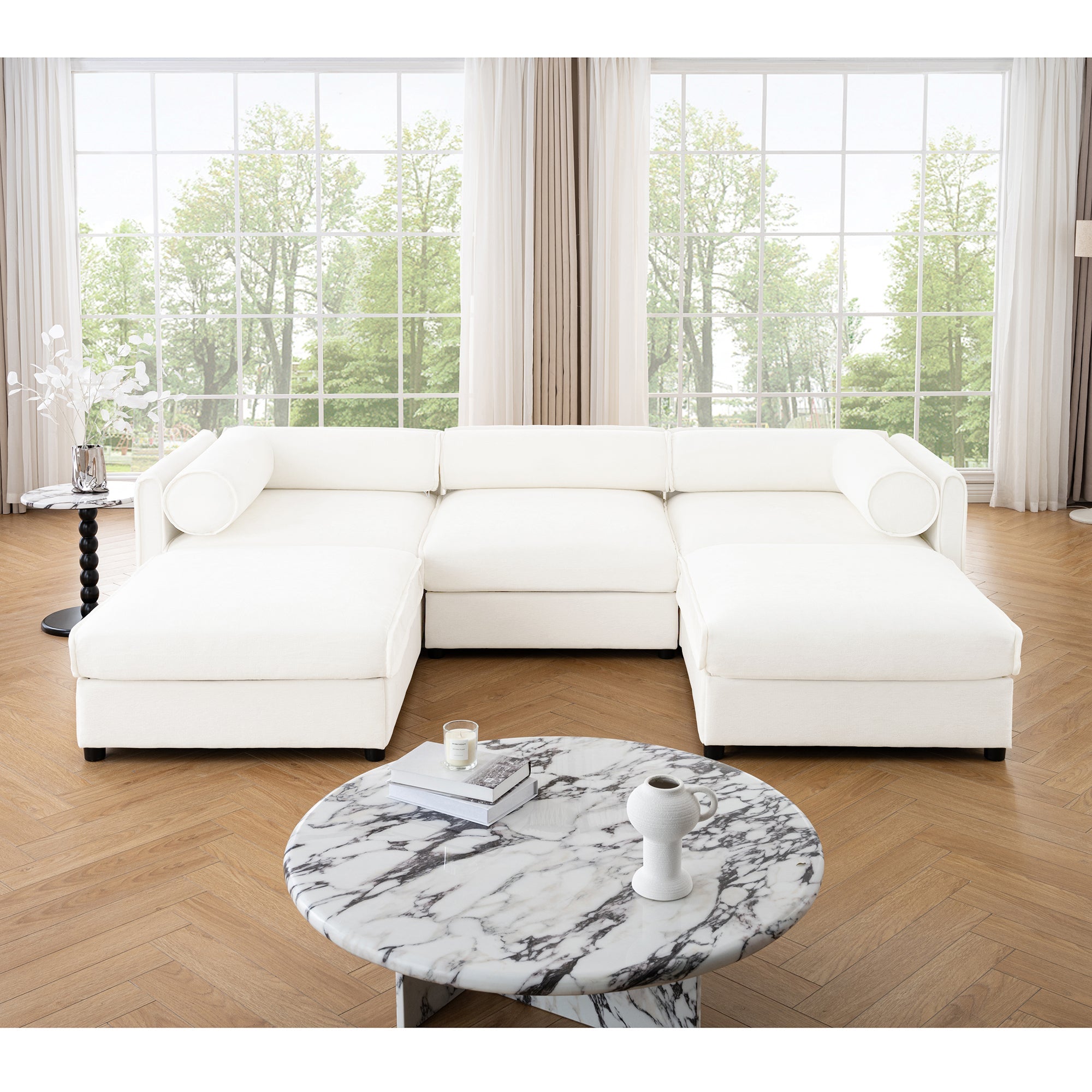 Elegant White Chenille  Sofa with Storage Seat and Ottoman, U-Shaped 3-Seater Cylindrical Backrest and Armrests, Contemporary 3-Seater Fabric Couch with Hidden Storage Compartment