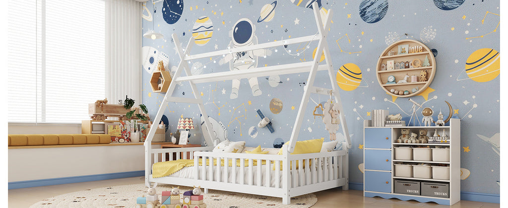 Twin House Bed with Light, Low Floor House Bed with Fence and Roof for Kids Boys Girls,White(Expect arrive date 2025/7/20)