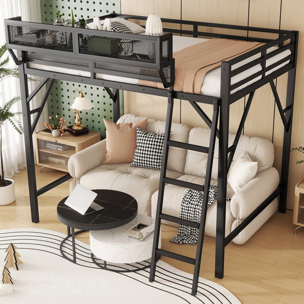 Queen Size Loft Bed with Ladder, Metal Queen Loft Bed with Storage Shelves, High Loft Bed for Kids Teens, Black(Expect Arrival Date 2025/12/3, Old SKU W2580P353530)