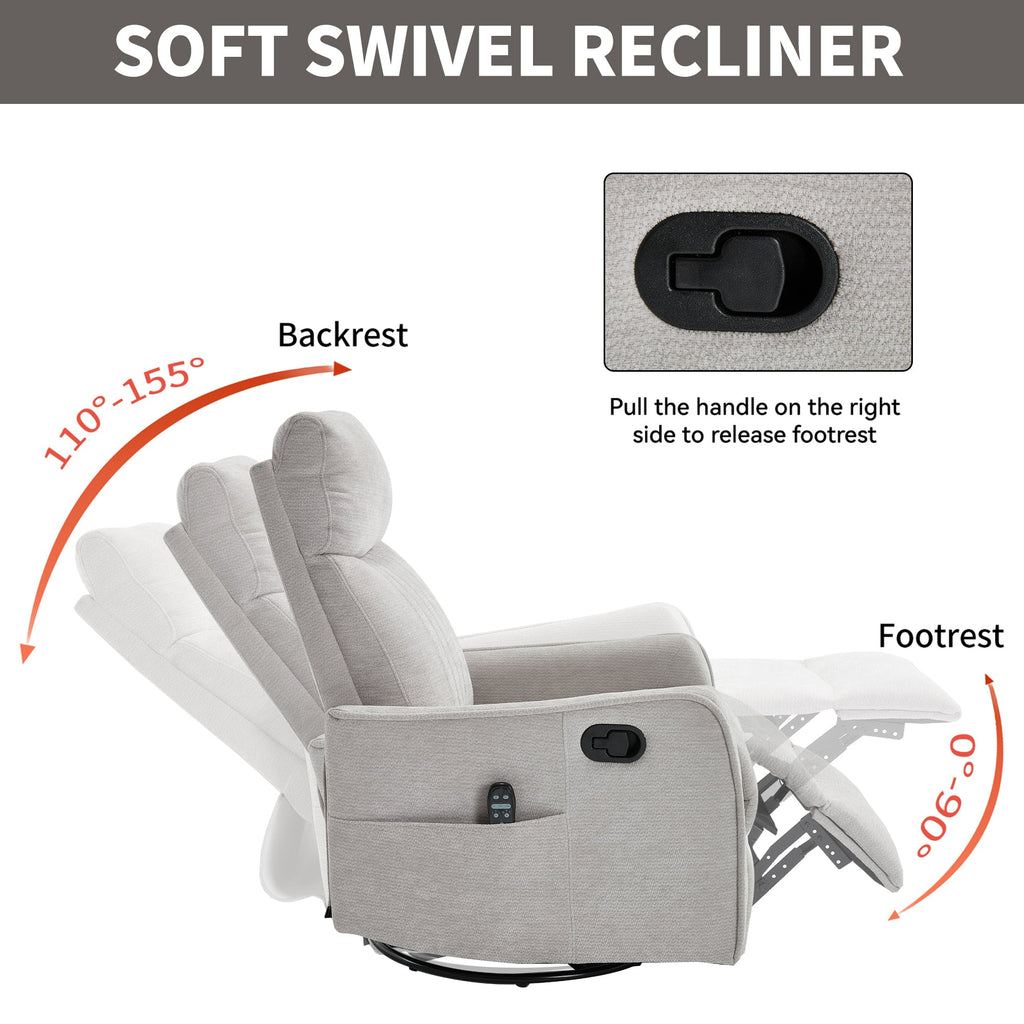 Light Grey Heat Massage Manual Recliner Chair with Rocker and Swivel in Fabric for Living Room