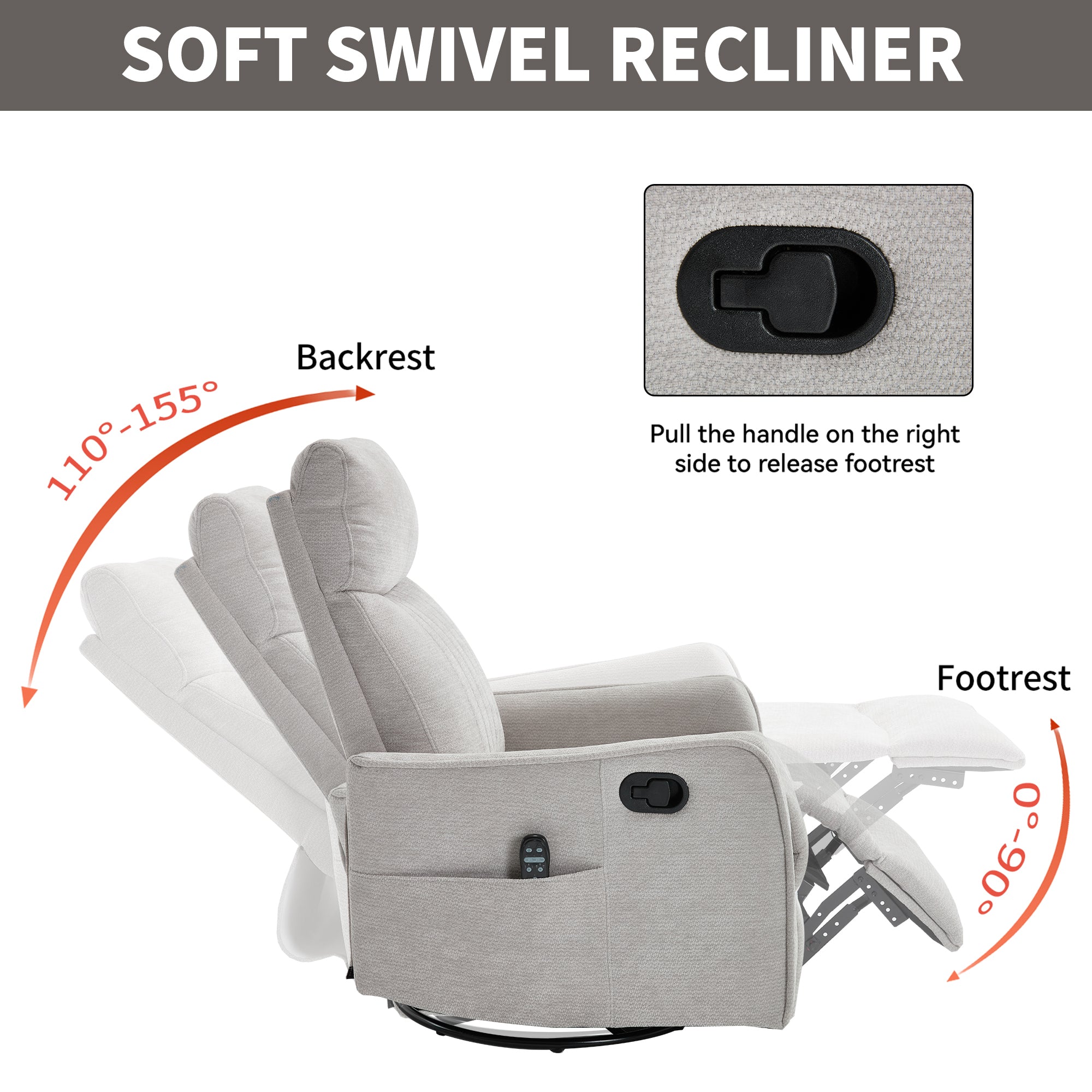 Light Grey Heat Massage Manual Recliner Chair with Rocker and Swivel in Fabric for Living Room