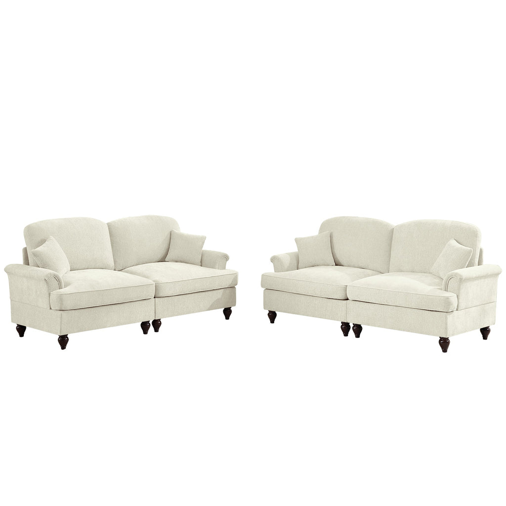 Classic 2 Piece Modular Couch Living Room Sofa Set with Flared Arms and Removable Ruffles Pleats Skirts and Spindle Legs, 2 Seater Sofa + 2-Seat Loveseat Sofa Sets for Living Room, Beige White