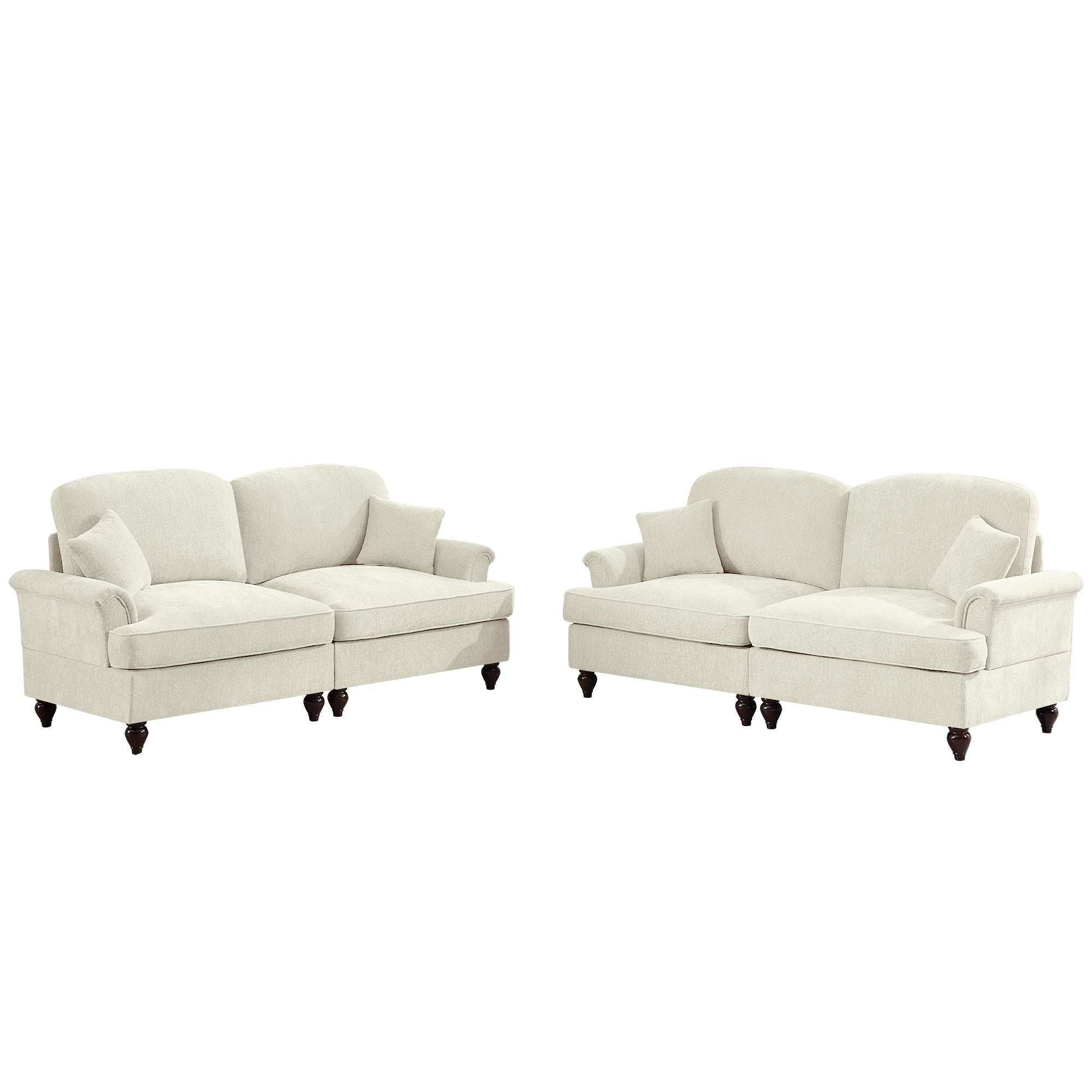 Classic 2 Piece Modular Couch Living Room Sofa Set with Flared Arms and Removable Ruffles Pleats Skirts and Spindle Legs, 2 Seater Sofa + 2-Seat Loveseat Sofa Sets for Living Room, Beige White