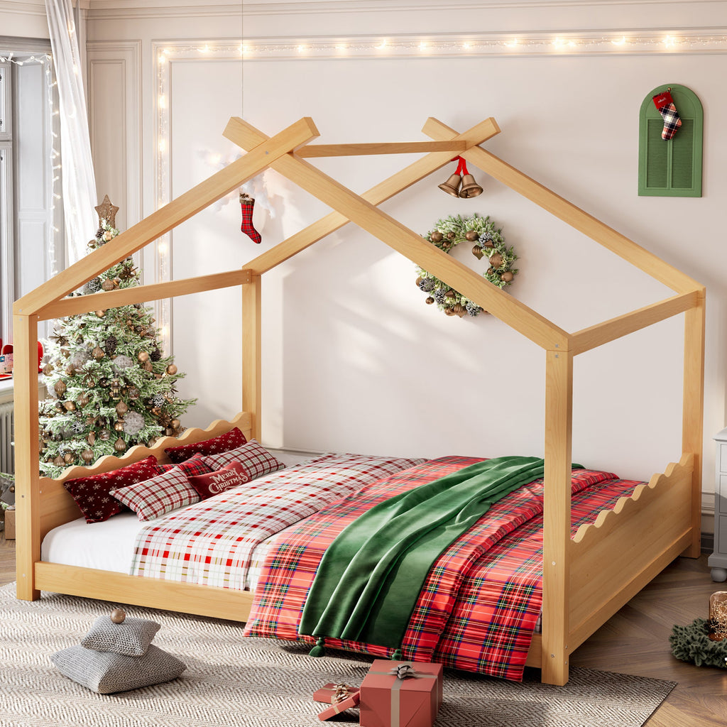 Queen House Floor Bed with Support Slats, Solid Wood House Bed Frame for Kids, No Box Spring Needed and Opening Constructure, Natural