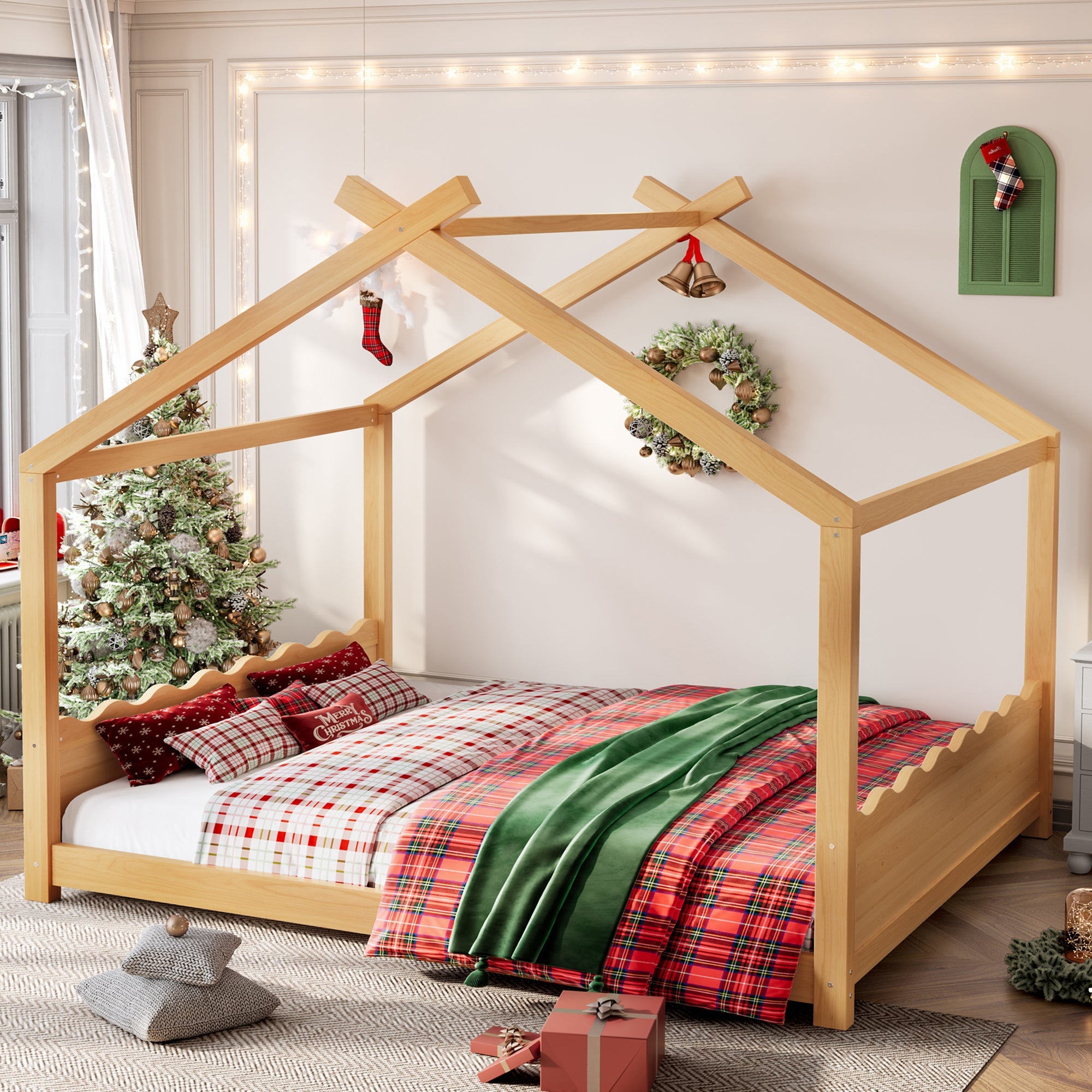 Queen House Floor Bed with Support Slats, Solid Wood House Bed Frame for Kids, No Box Spring Needed and Opening Constructure, Natural