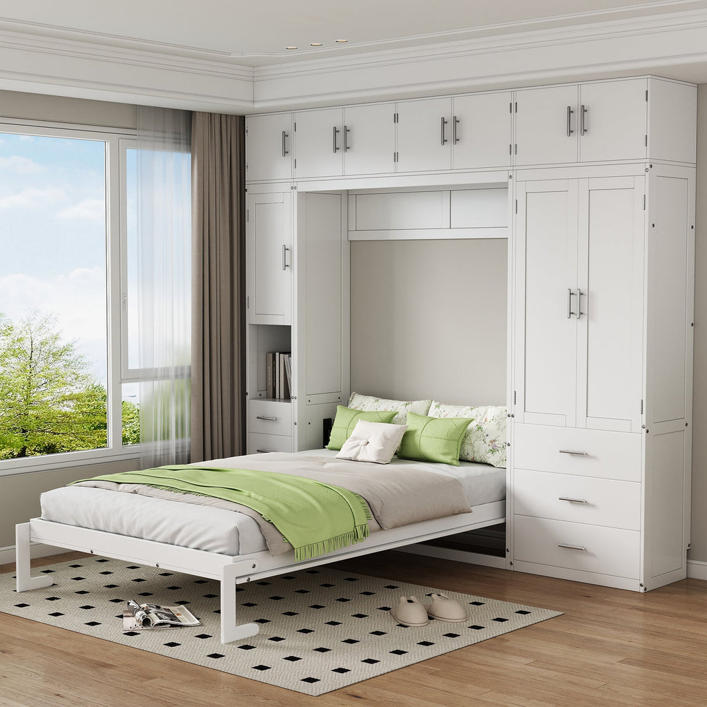 White Full Size Murphy Bed with Lockers and Wardrobes, MDF+Pine, 108.4''L x 15.7''W x 99''H