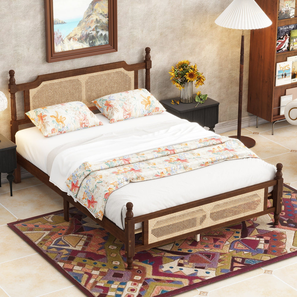 Queen Pine wooden Bed with Rattan Headboard  and Footboard, with  Central Enhanced Bed Platform,Walnut