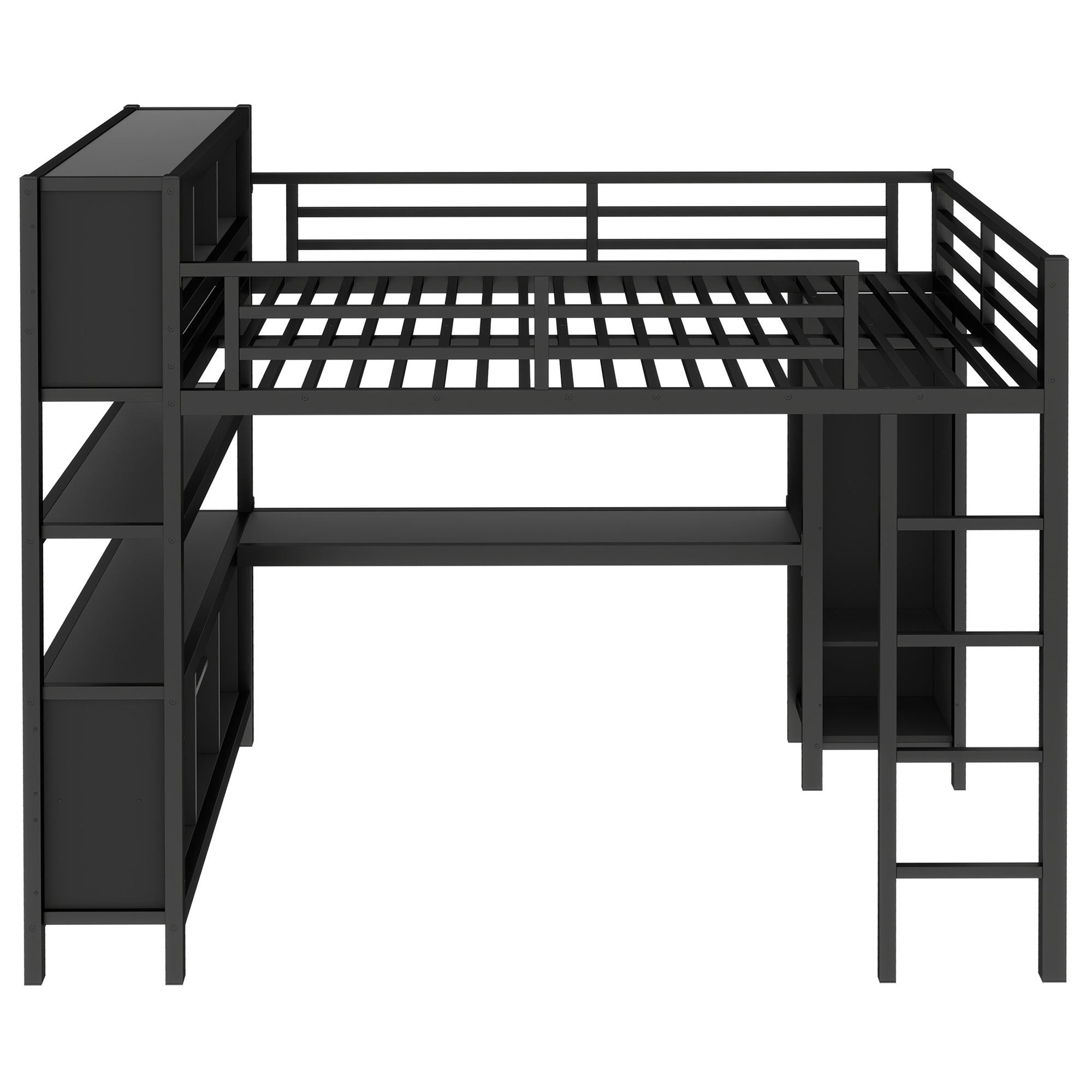 Metal Loft Bed with Wardrobe And L-shaped Desk, Queen Size Loft Bed with Storage Cubes and Shelves, Heavy Duty Loft Bed for Kids Teens Adults, Black
