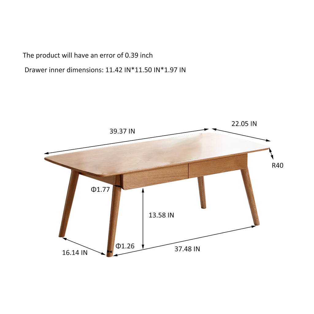 Solid Wood 2-Drawer Coffee Table Natural Oak 39.37 Inch