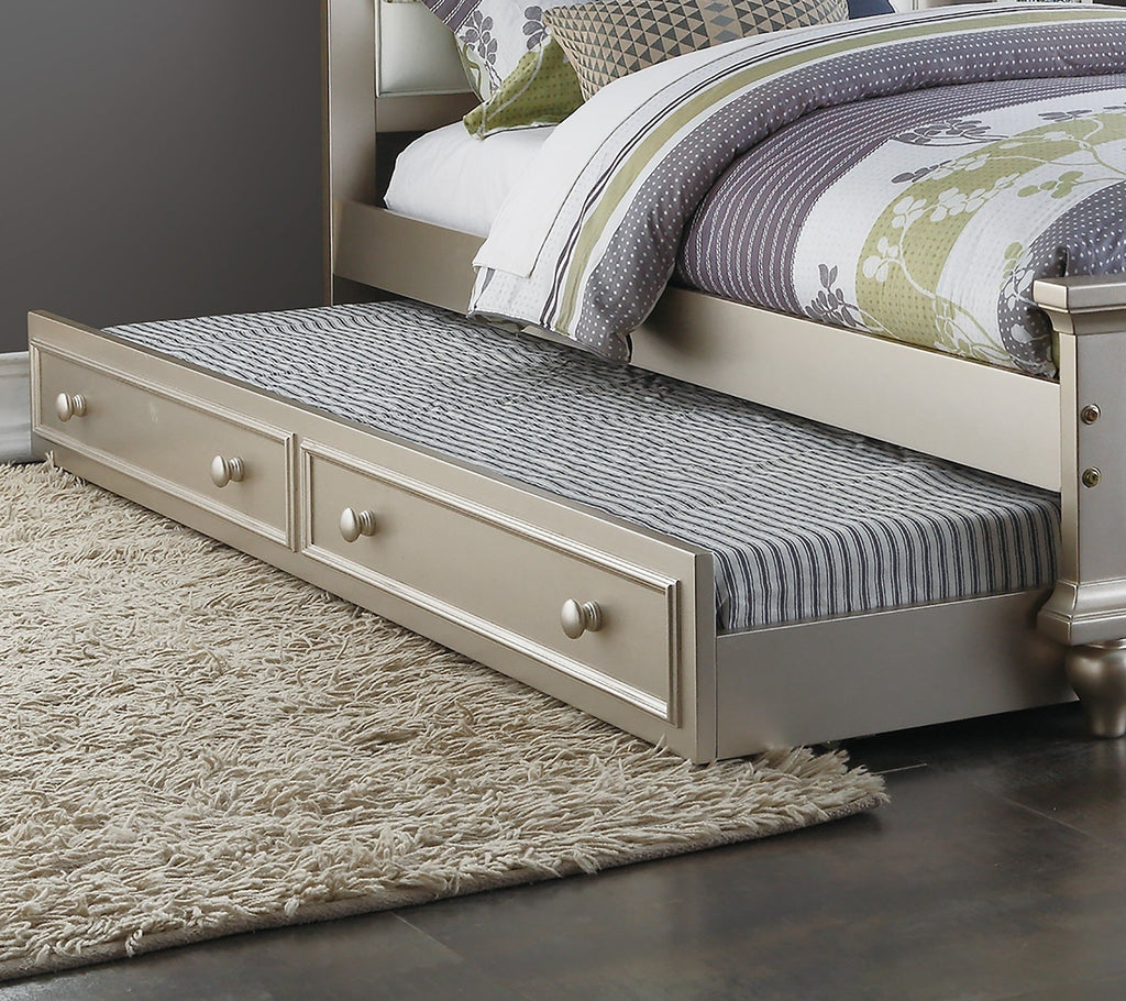 Contemporary Style Silver Twin Size Bed w/ Trundle Slats Pine Plywood Kids Youth Bedroom Furniture White Faux Leather Tufted HB