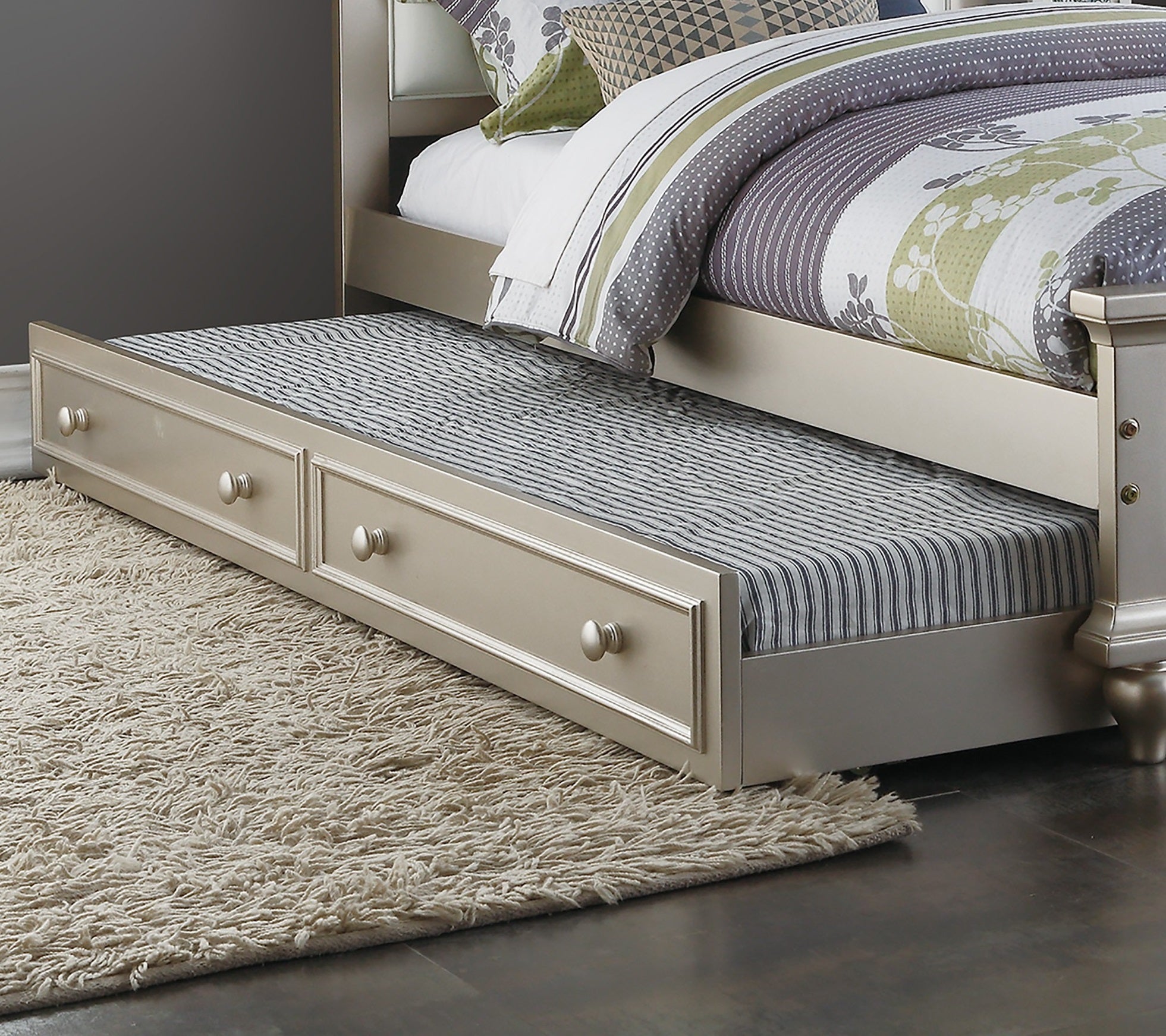 Contemporary Style Silver Twin Size Bed w/ Trundle Slats Pine Plywood Kids Youth Bedroom Furniture White Faux Leather Tufted HB