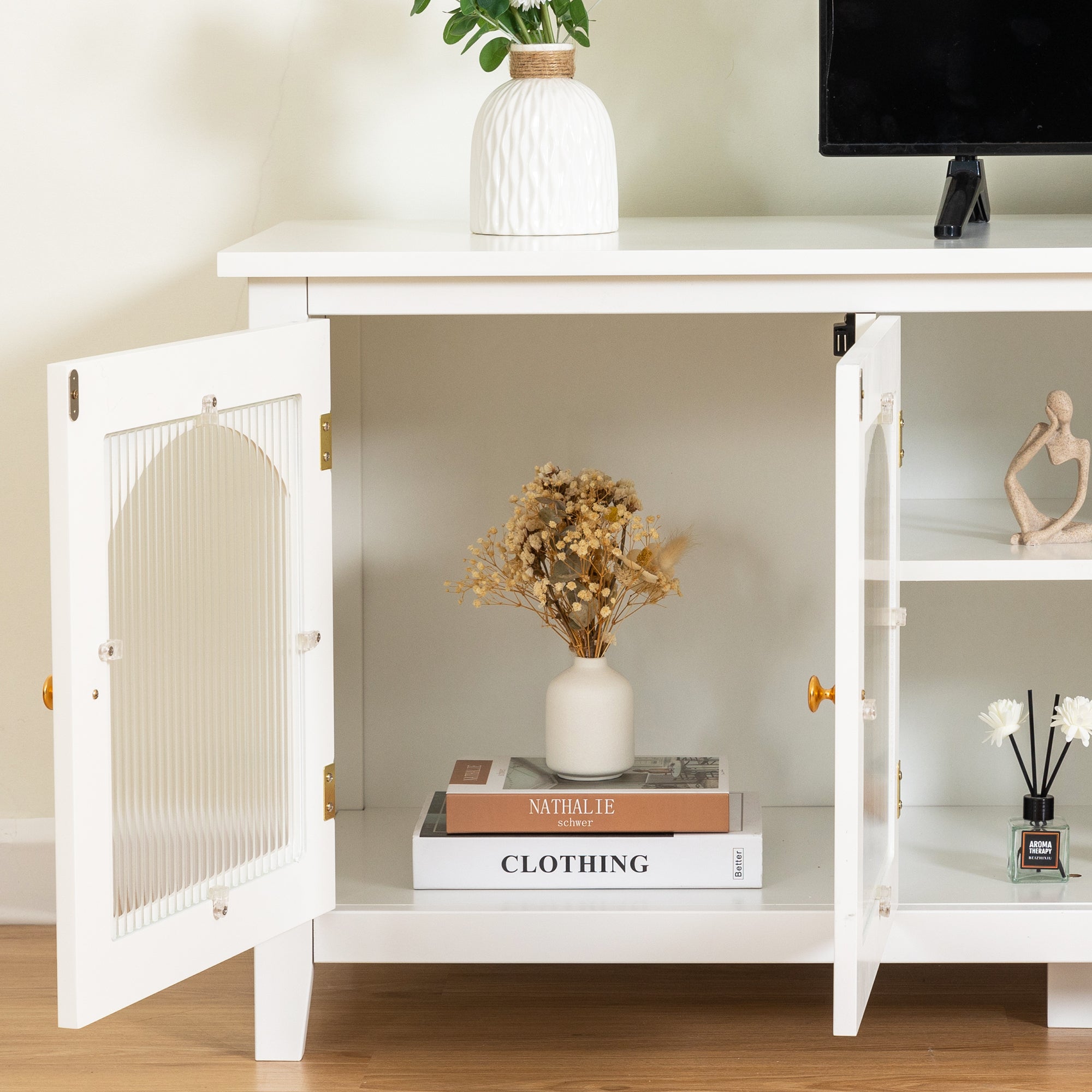 Antique White Stylish TV Cabinet Entertainment Center with Solid Wood Frame and Changhong Glass Door