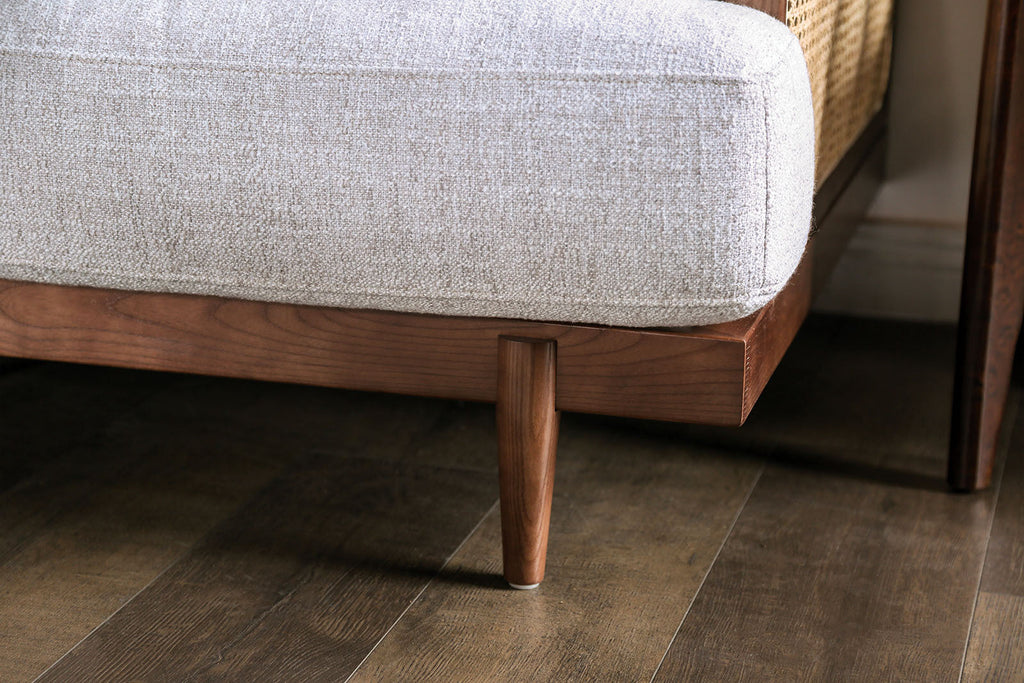 Beige And Walnut Finish Beautiful Chair Tapered Legs Loose Pillow Back Ash Wood Trim Side Bolster Pillows Mid-Century Modern