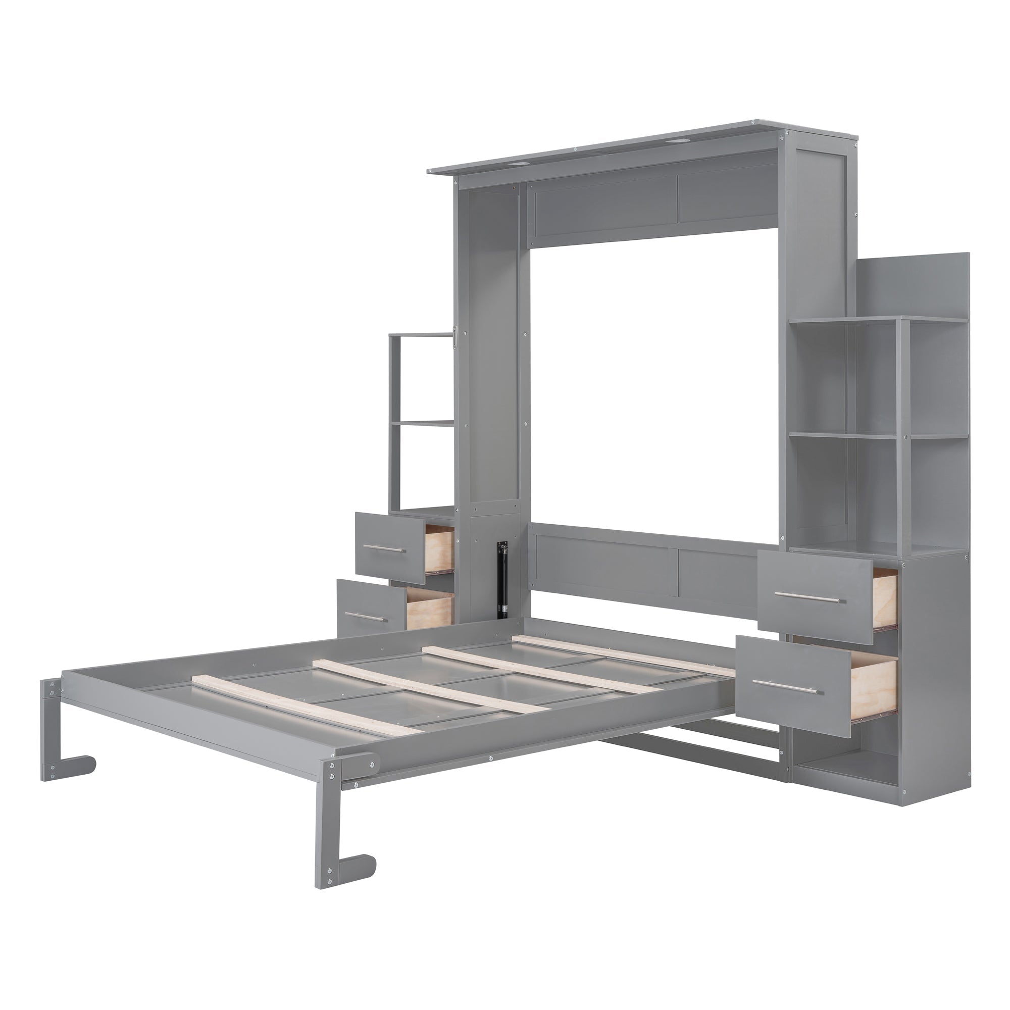 Queen Size Murphy Bed Wall Bed with Shelves, Drawers and Lights,Gray(OLD SKU:LP000566AAE-1)