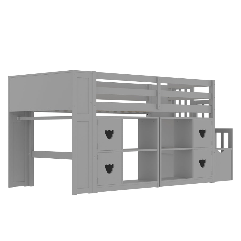 Kids Twin Loft Bed with Storage Cabinets, Staircase Drawers & LED Lights – Solid Wood Low Loft Bed with Shelves, Guardrails, and Fun Bear Handles – Space-Saving Design for Boys & Girls Bedroom