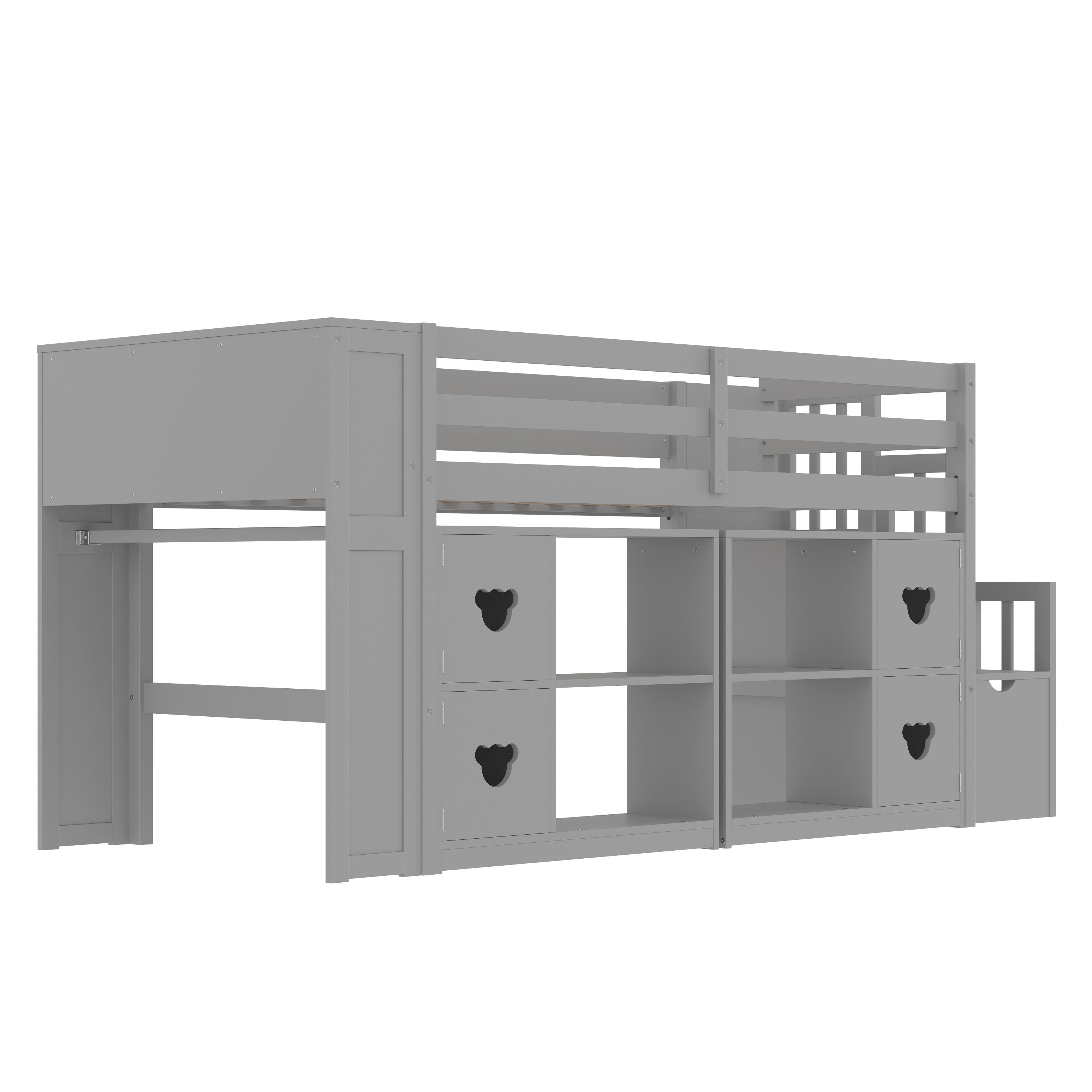 Kids Twin Loft Bed with Storage Cabinets, Staircase Drawers & LED Lights – Solid Wood Low Loft Bed with Shelves, Guardrails, and Fun Bear Handles – Space-Saving Design for Boys & Girls Bedroom