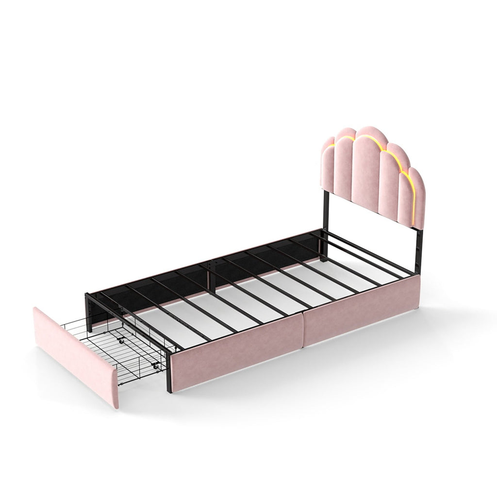 Velvet Petal Platform Bed with RGB LED Lights & Storage Drawers, Pink Wood+Metal Design, 72' L x 43' W x 39' H