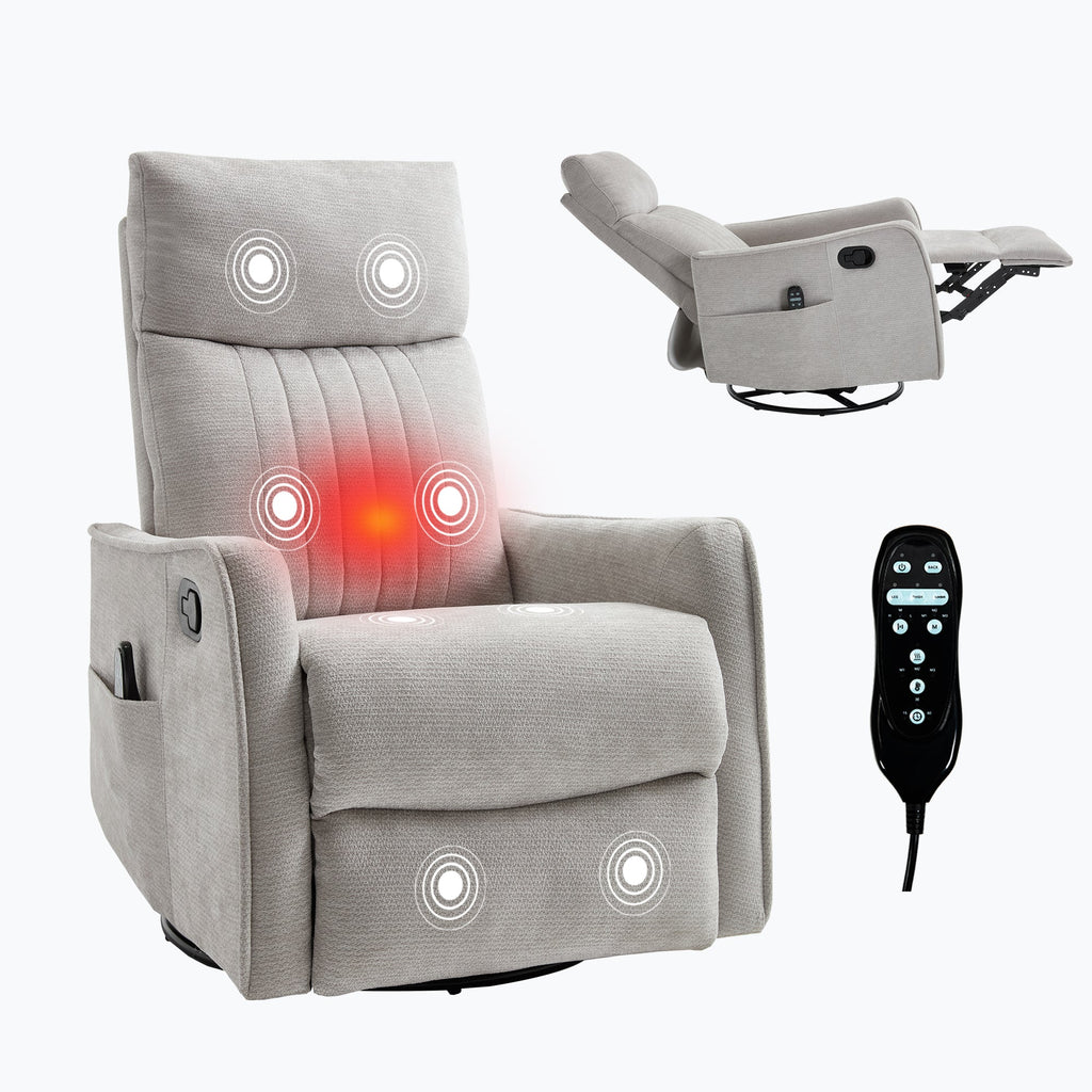 Light Grey Heat Massage Manual Recliner Chair with Rocker and Swivel in Fabric for Living Room