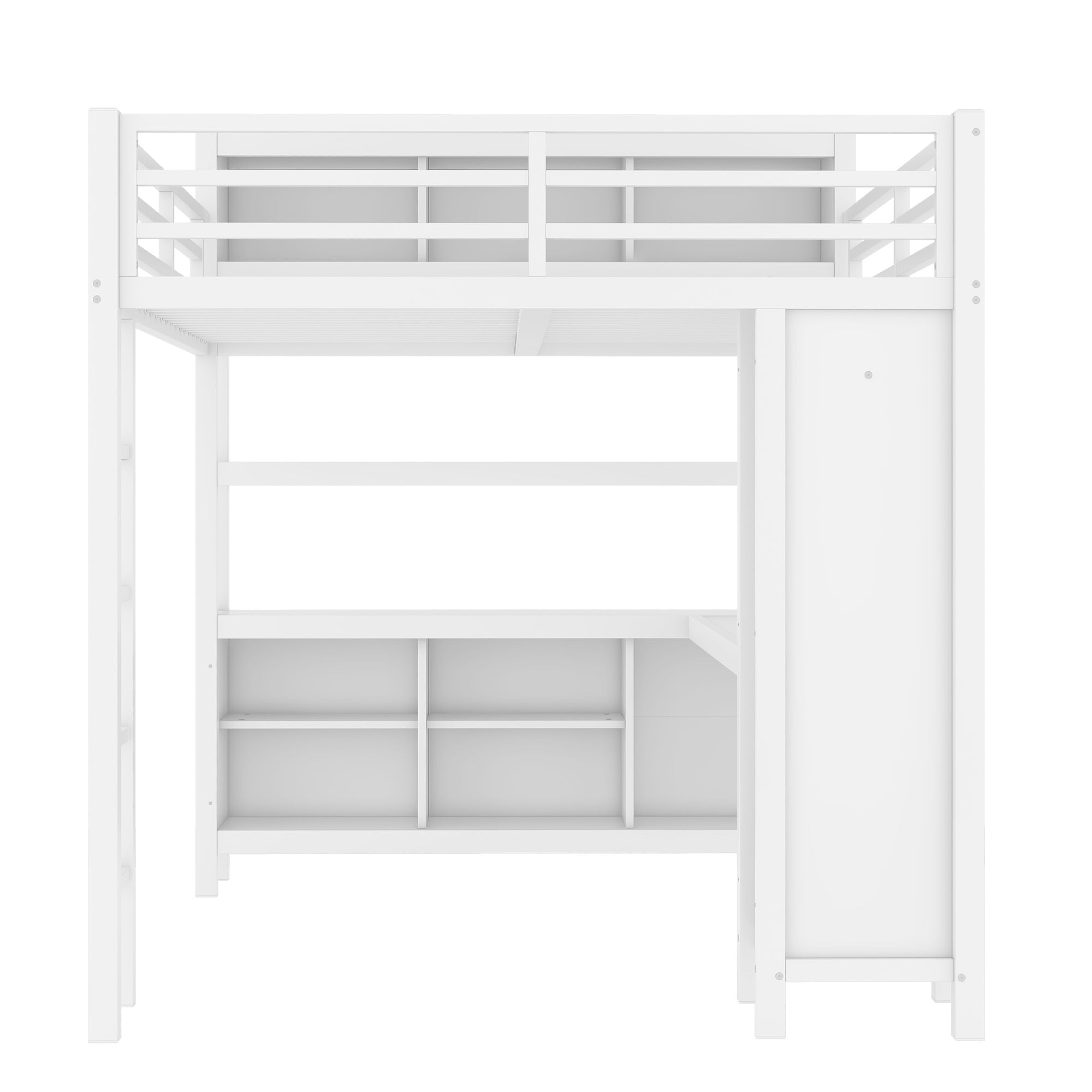 Metal Loft Bed with Wardrobe And L-shaped Desk, Queen Size Loft Bed with Storage Cubes and Shelves, Heavy Duty Loft Bed for Kids Teens Adults, White