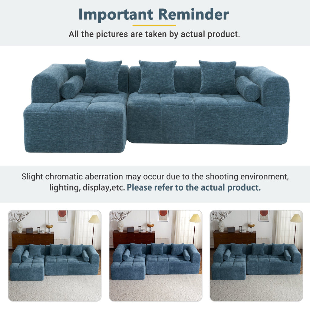Modern Modular Sofa with Deep Seating, Two Side Pockets, and Plush Pillows in Blue Chenille Fabric, 101.2'