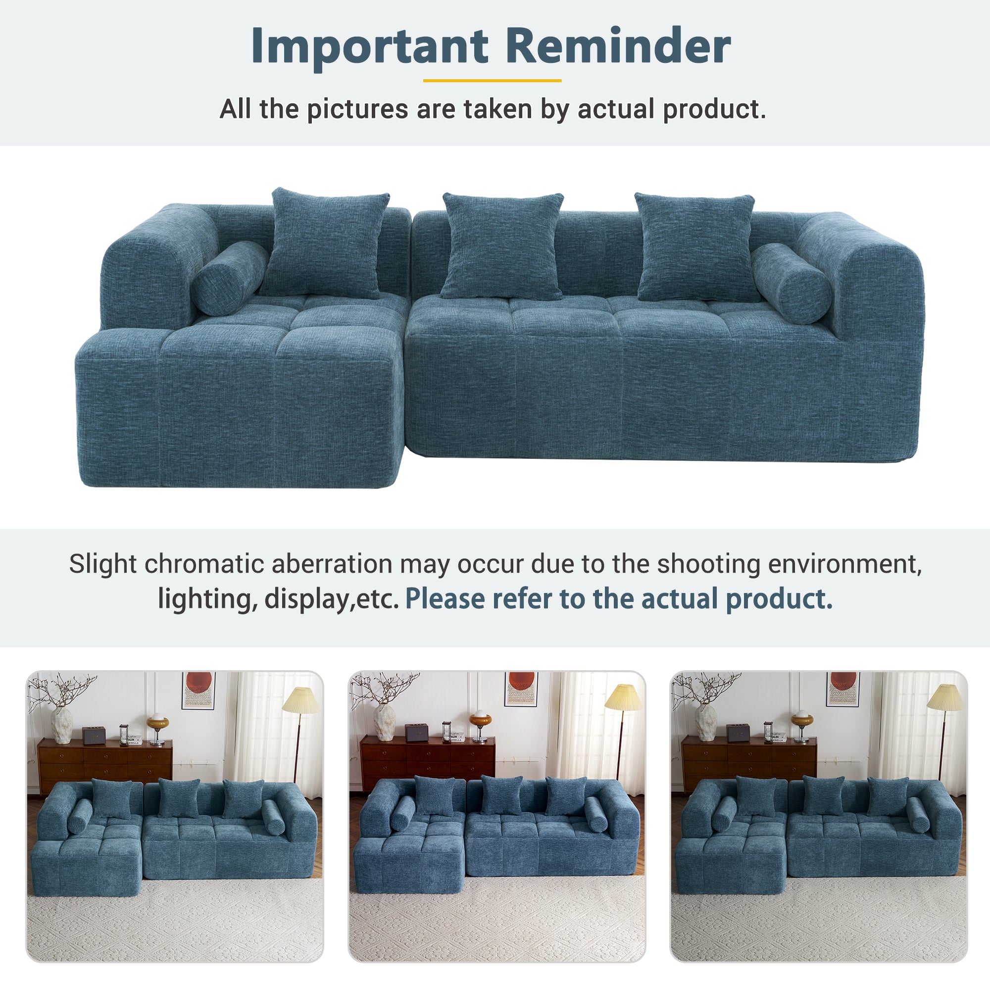 Modern Modular Sofa with Deep Seating, Two Side Pockets, and Plush Pillows in Blue Chenille Fabric, 101.2'