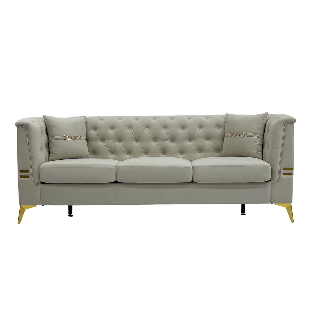 FX-P83-2PC SOFA -CW4  Modern Velvet Upholstered Sofa Set of 2, Cream White 3-Seater Sofas with Gold Metal Legs Contemporary Living Room Furniture for Family Homes, Apartments, and Lounge Spaces
