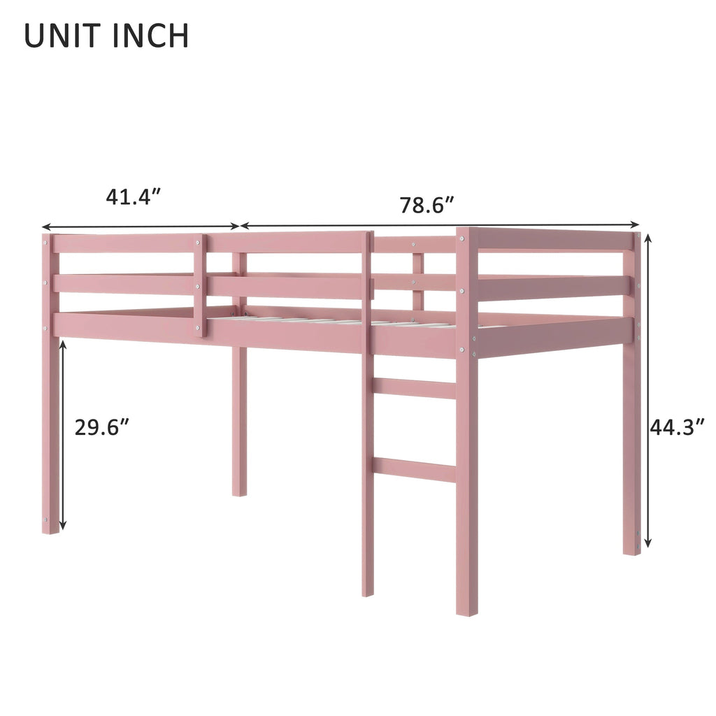 Solid Wooden, Rubber Wooden Twin Loft Bed with Ladder, Bed Platform of Strengthened Slats, Pink
