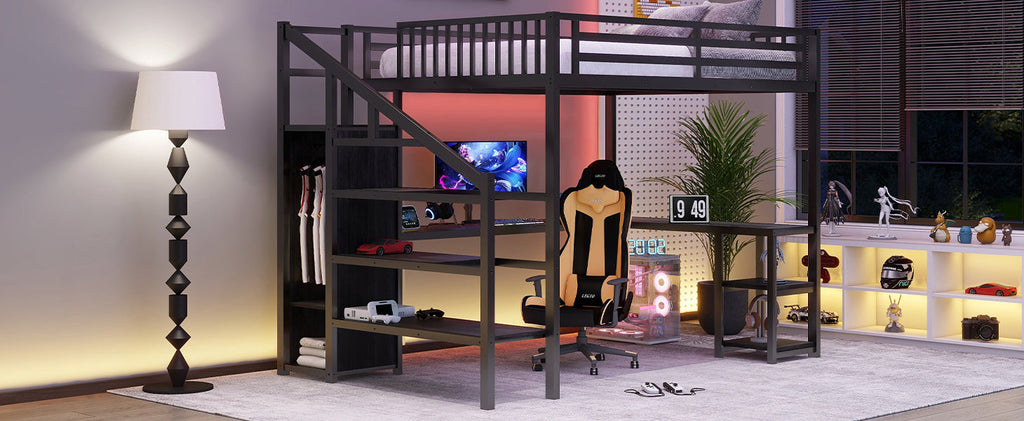 Metal Queen Loft Bed with Wardrobe and LED Light, Queen Size Loft Bed with L Shaped Desk and USB for Kids Teens Adults, Black(Old SKU W2593S00033)