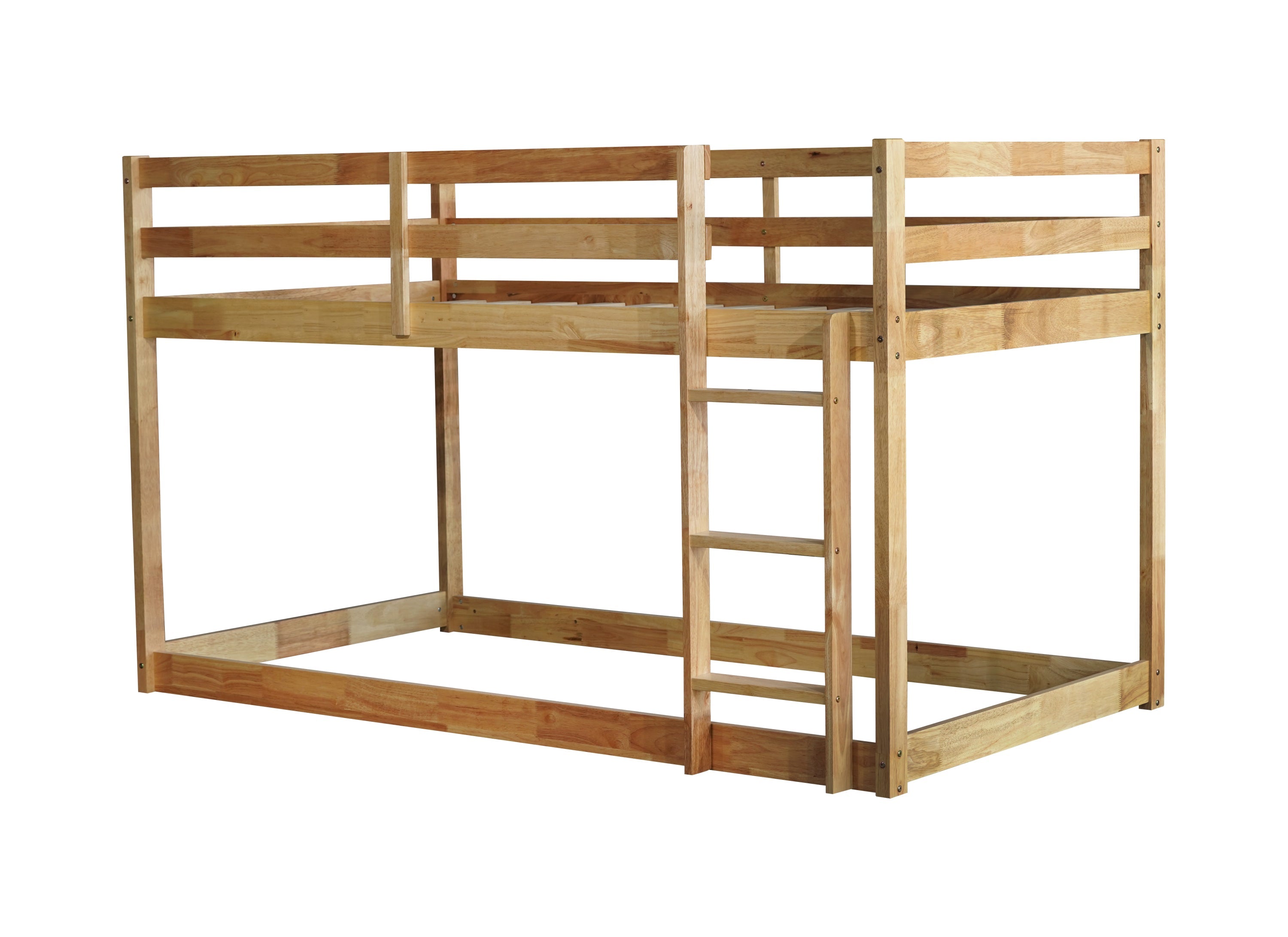 Solid Wooden, Solid Rubber Wooden Twin over Twin Floor Bunk Bed with Ladder, with Bed Platform of Strengthened Slats  , Natural
