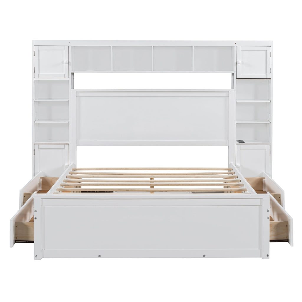 Queen Size Wooden Bed With All-in-One Cabinet, Shelf and Sockets, White
