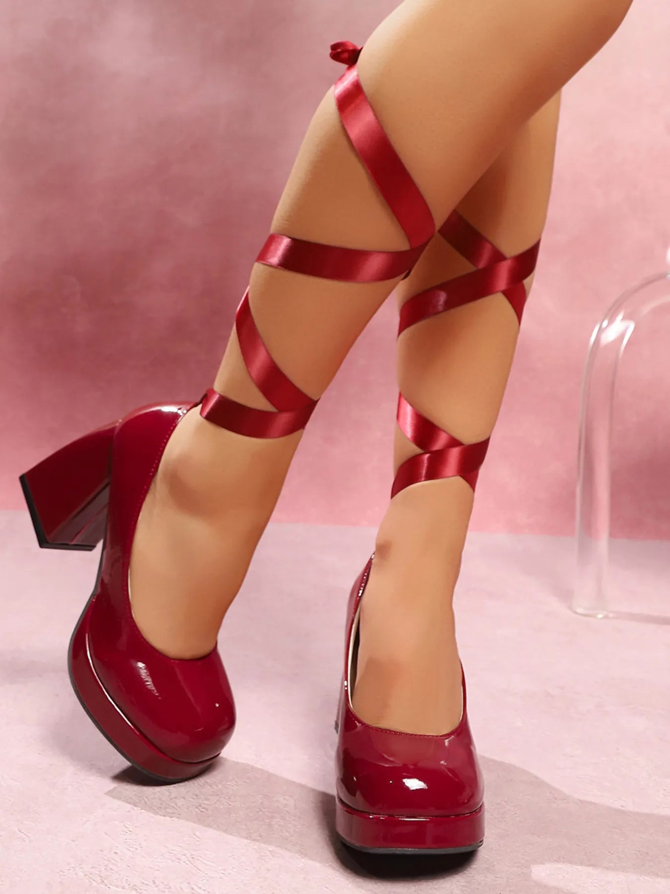 Platform Block Heel Pumps with Ankle Wrap Straps