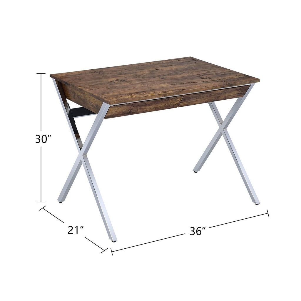 Rectangular Writing Desk with 2 Drawers, Weathered Oak and Chrome