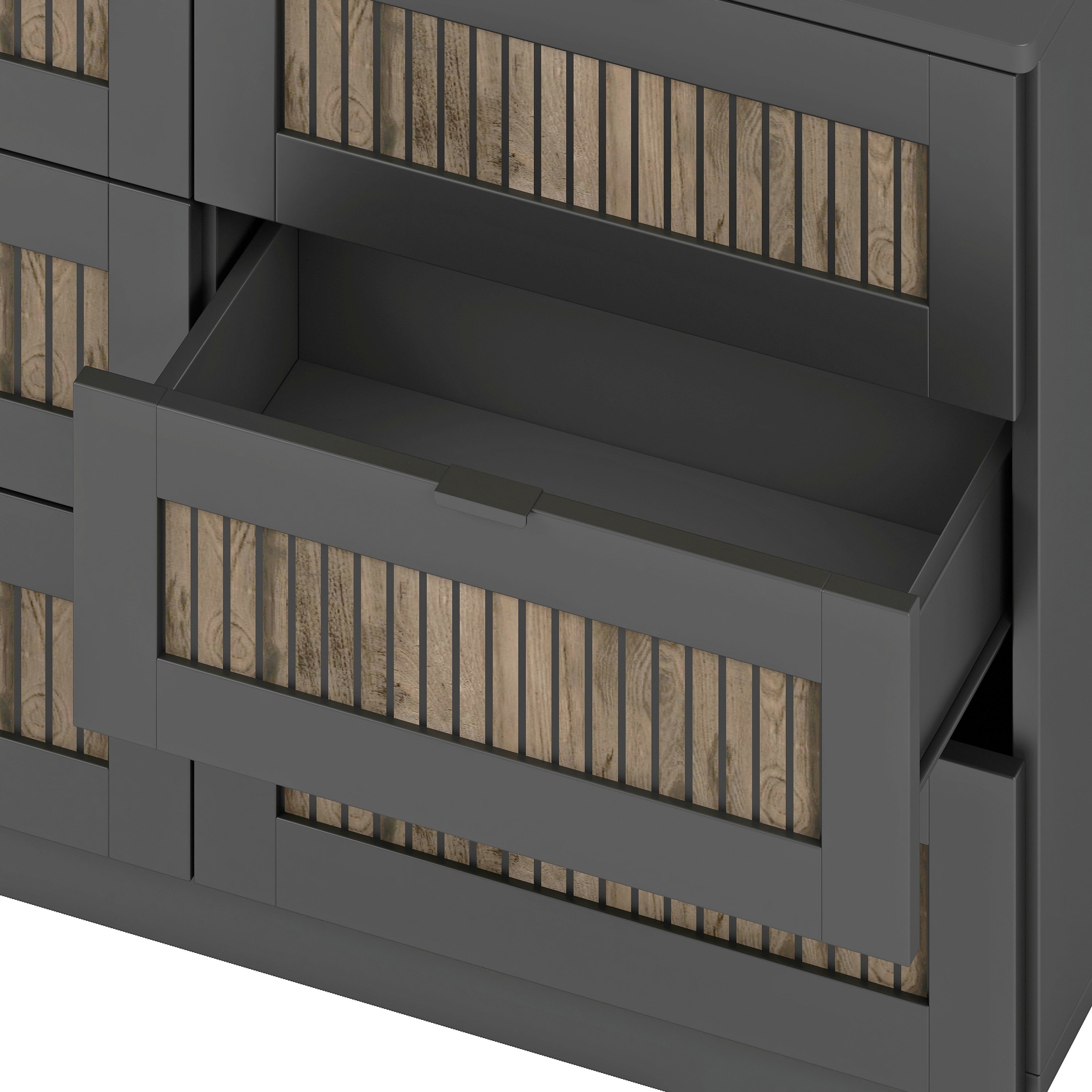 4-Pieces Bedroom Sets, Queen Size Farmhouse Platform Bed with Wooden Strip Stickers Decoration, Storage Nightstand and Dresser with Metal Handle, Black(Old SKU: HL000191AAB)