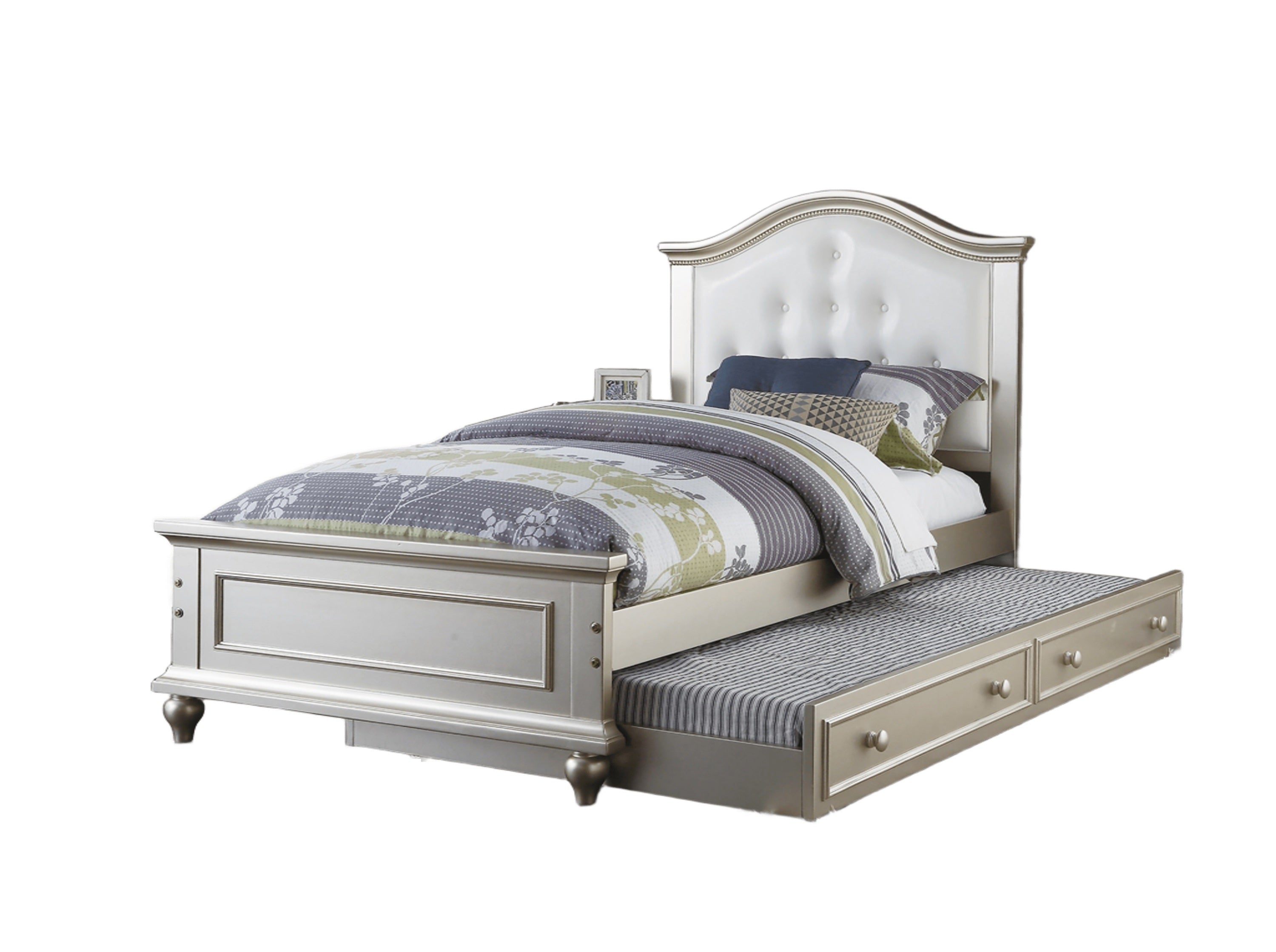 Contemporary Style Silver Twin Size Bed w/ Trundle Slats Pine Plywood Kids Youth Bedroom Furniture White Faux Leather Tufted HB