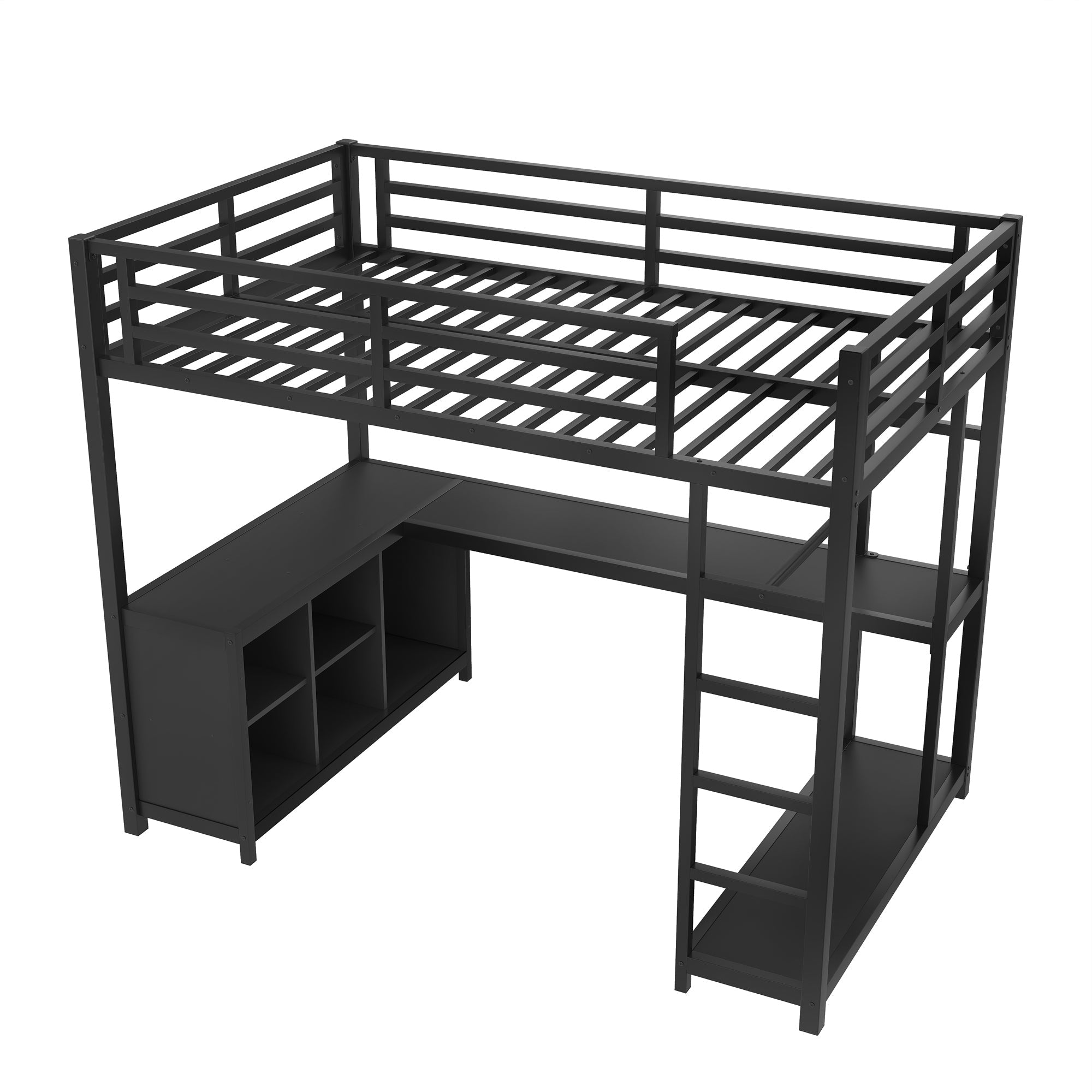 Metal Loft Bed with Wardrobe and L-shaped Desk, Twin Size Loft Bed with Storage Cubes and Shelves, Loft Bed for Kids Teens Adults, Black