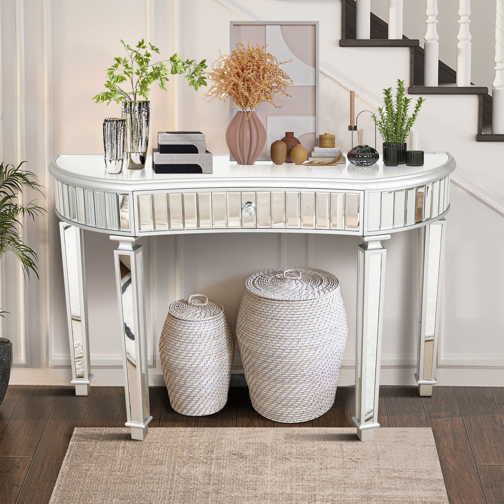47' Half-Moon Mirrored Console Table with Fluted Glass & Crystal Knob Drawer - Silver Entryway Vanity Desk for Bedroom/Dressing Room(Grey+Sliver)