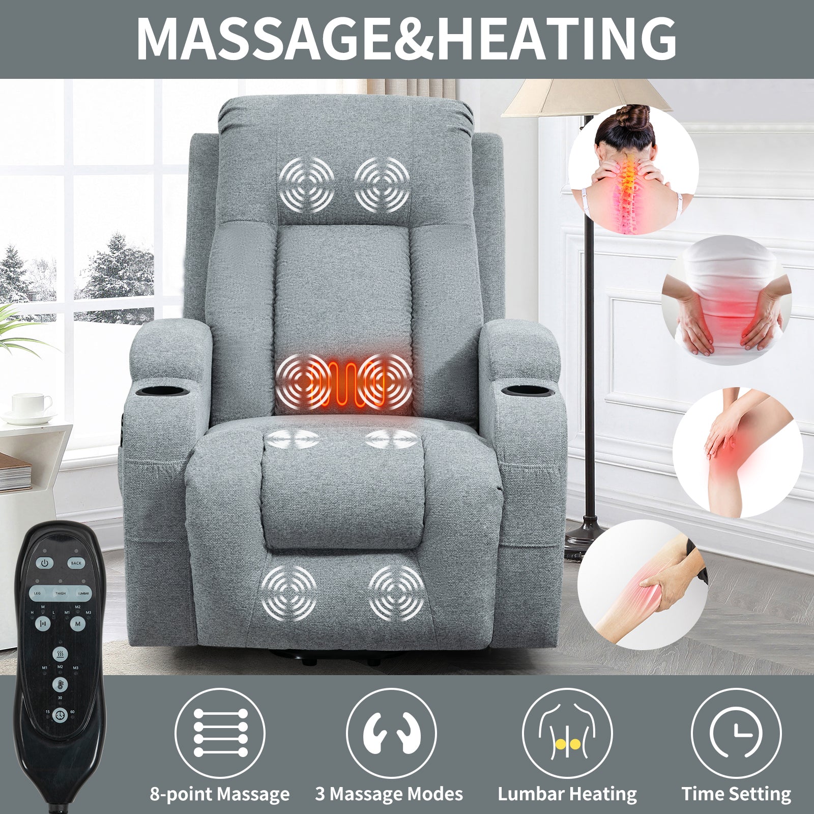 Infinite Position Single Motor Up to 350 LBS Power Lift Recliner Chair for Elderly, Heavy Duty Motion Mechanism with 8-Point Vibration Massage and Lumbar Heating, USB Charging Port, Cup Holders, Grey