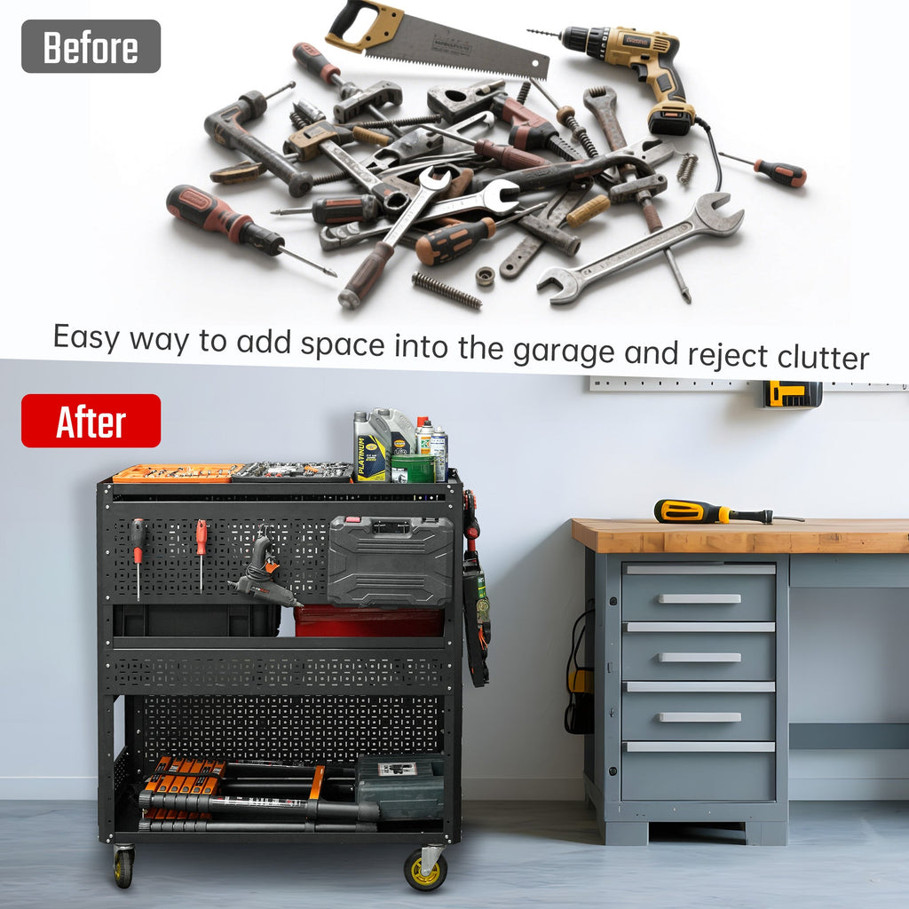 3-Tier  DIY Detachable Utility Cart Storage Tool Cart With Steel Pegboard, Foldable Rolling Tool Cart with Wheels For Garage Organizer and Tool Storage