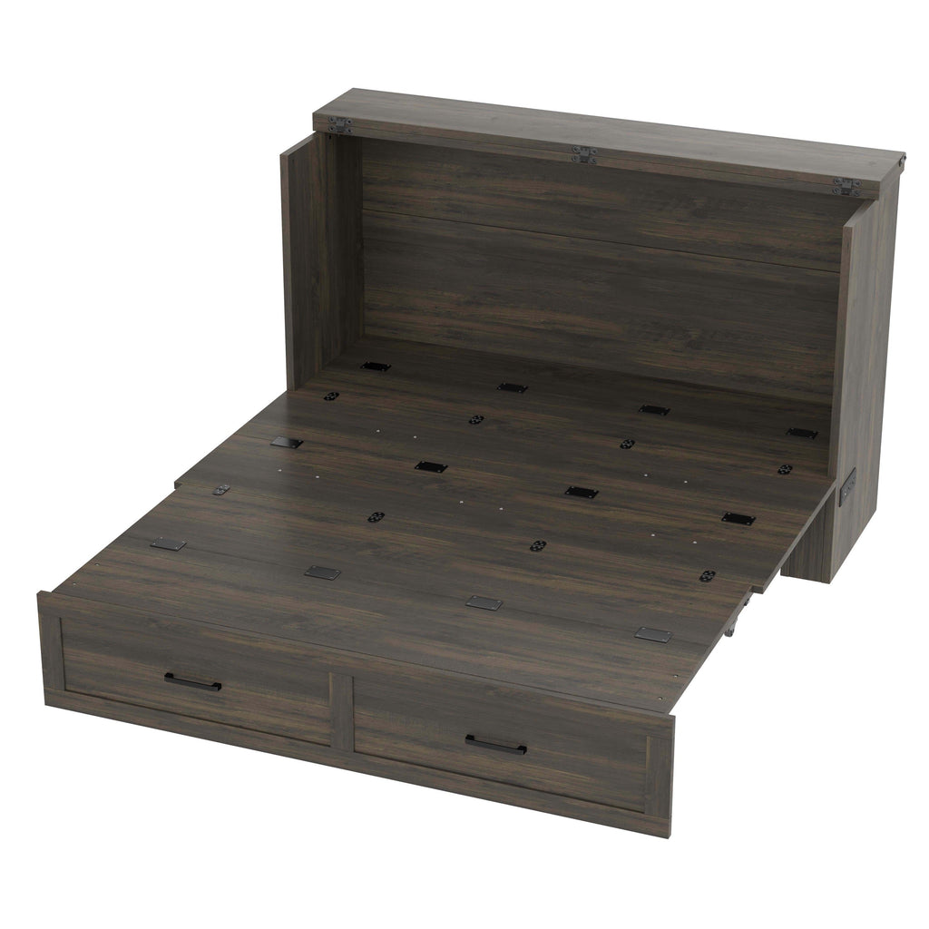 Murphy Bed Cabinet Queen Size with Charging Station, Multi-Functional Foldable Platform Bed with 1 Large Storage Drawer for Guest Room, Small Bedroom, Rustic Gray