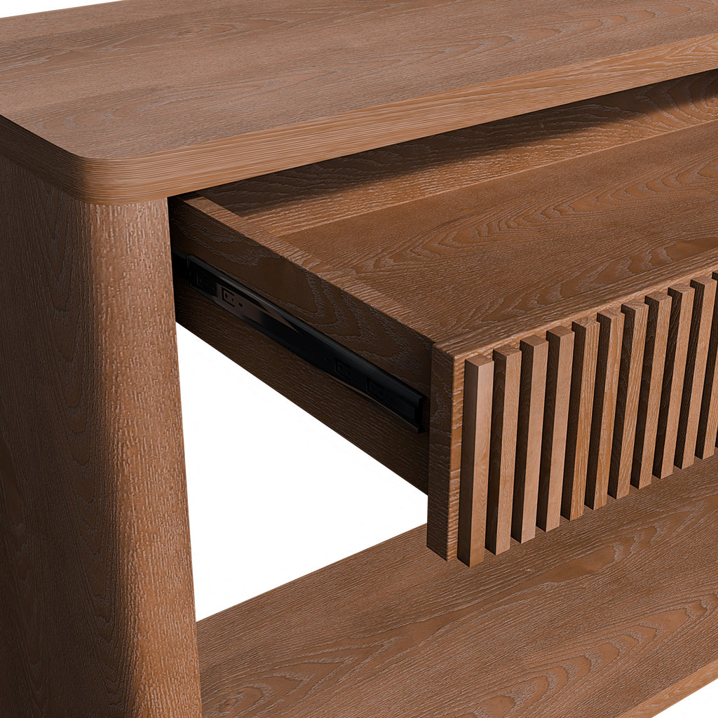 60' Modern 2-Drawer Fluted Console Table Natural Wood Veneer Sofa Table Behind Couch Table for Living Room, Hallway, Entryway, Home Office, Walnut