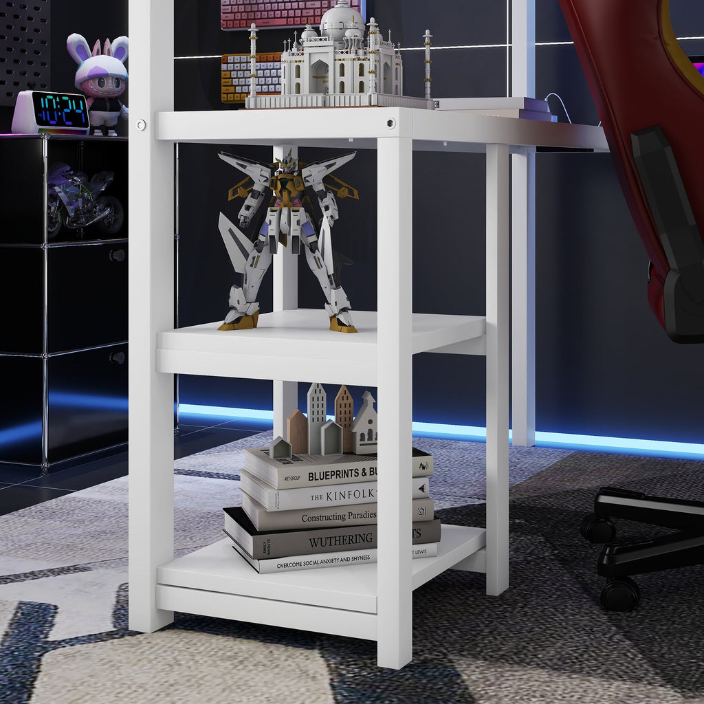 Metal Queen Loft Bed with Wardrobe and LED Light, Queen Size Loft Bed with L Shaped Desk and USB for Kids Teens Adults, White