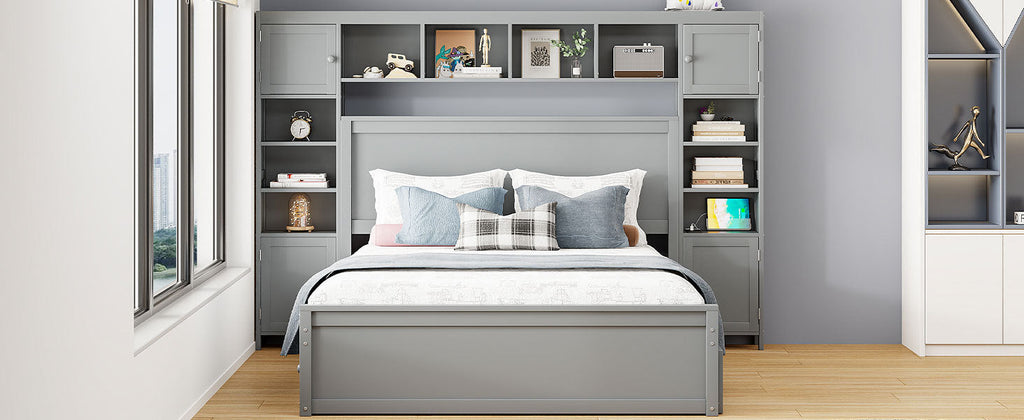 Queen Size Wooden Bed With All-in-One Cabinet, Shelf and Sockets,Twin XL Trundle, Gray