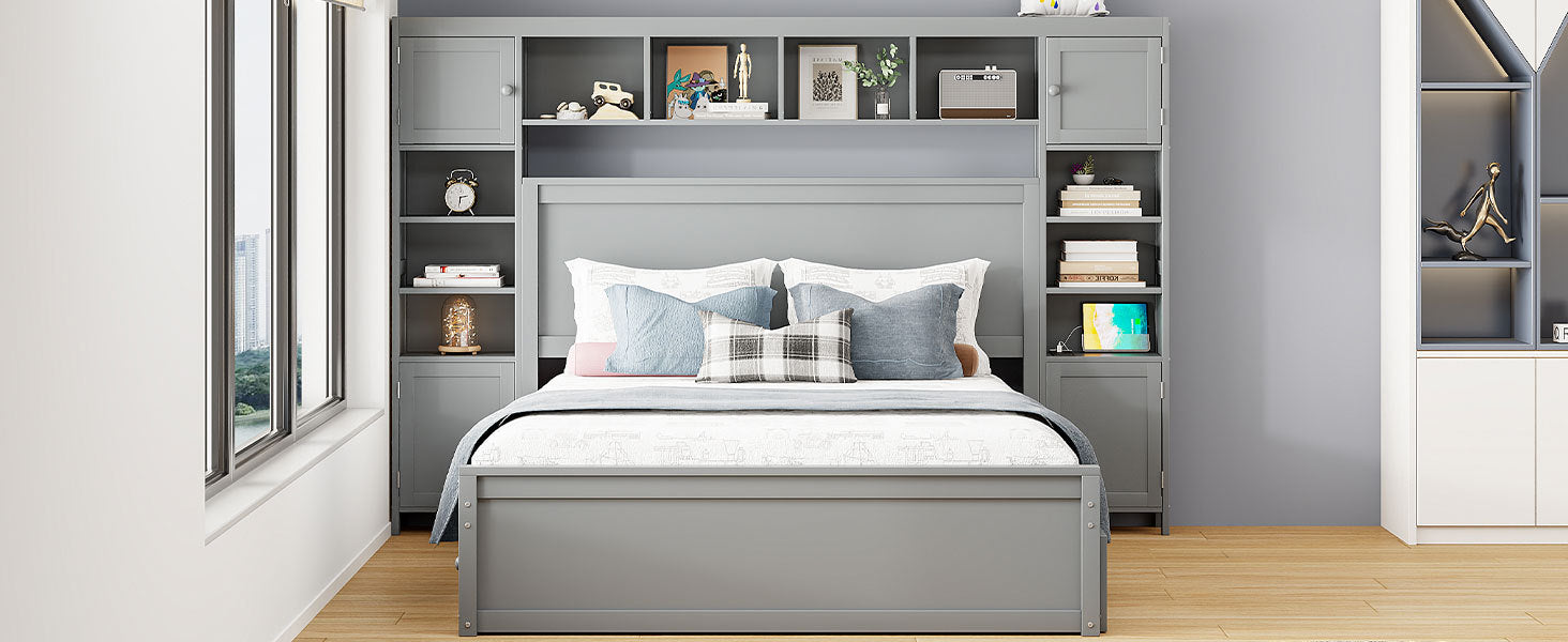 Queen Size Wooden Bed With All-in-One Cabinet, Shelf and Sockets,Twin XL Trundle, Gray